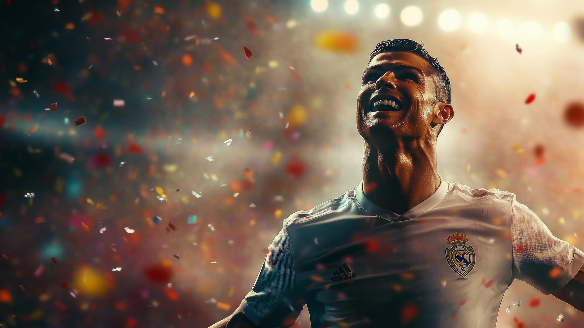 cristiano ronaldo 4k wallpaper of Ronaldo celebrating a goal amid confetti and spotlight