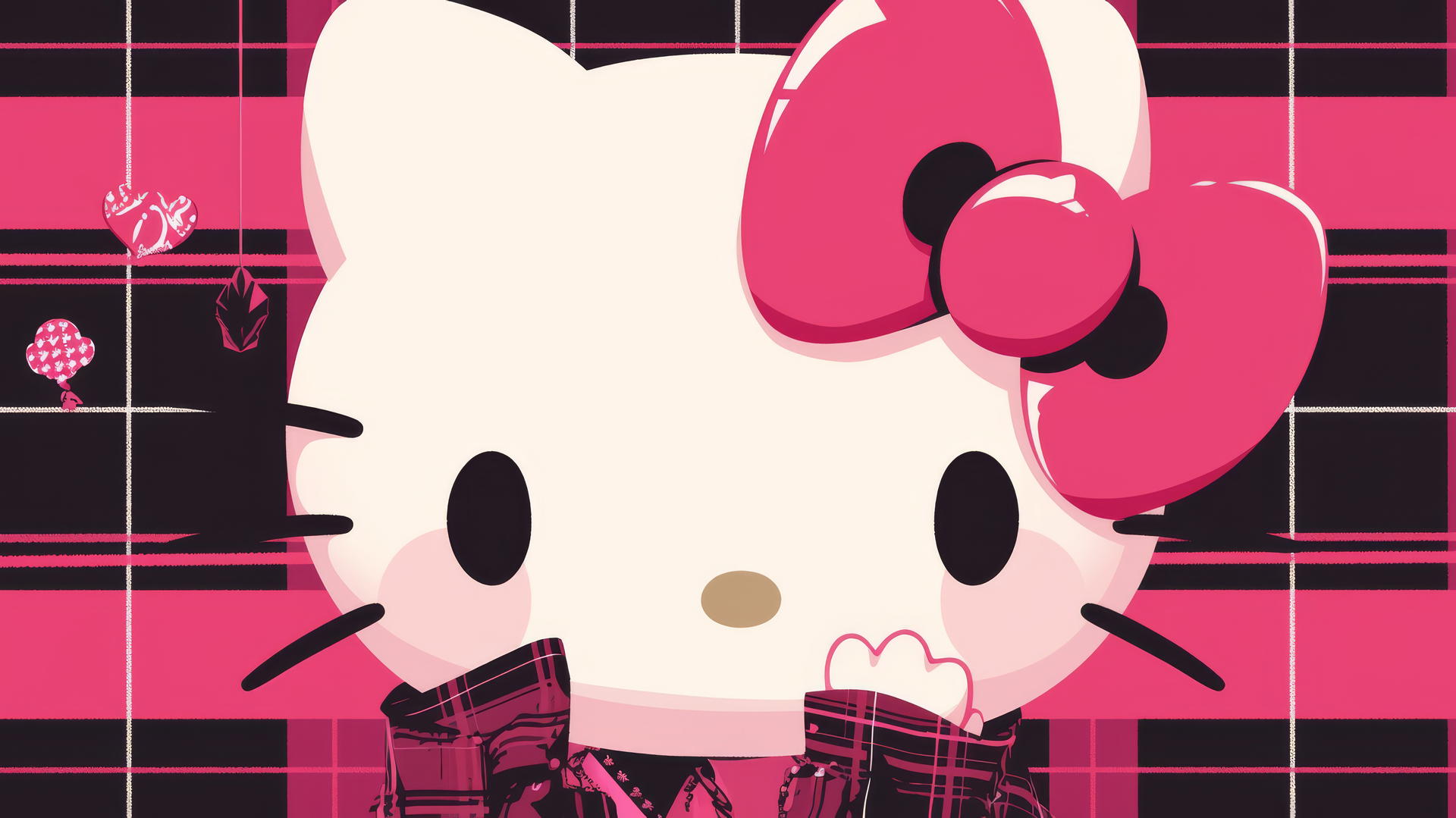 Y2K Hello Kitty wallpaper aesthetic with pop-punk vibe, black and pink plaid