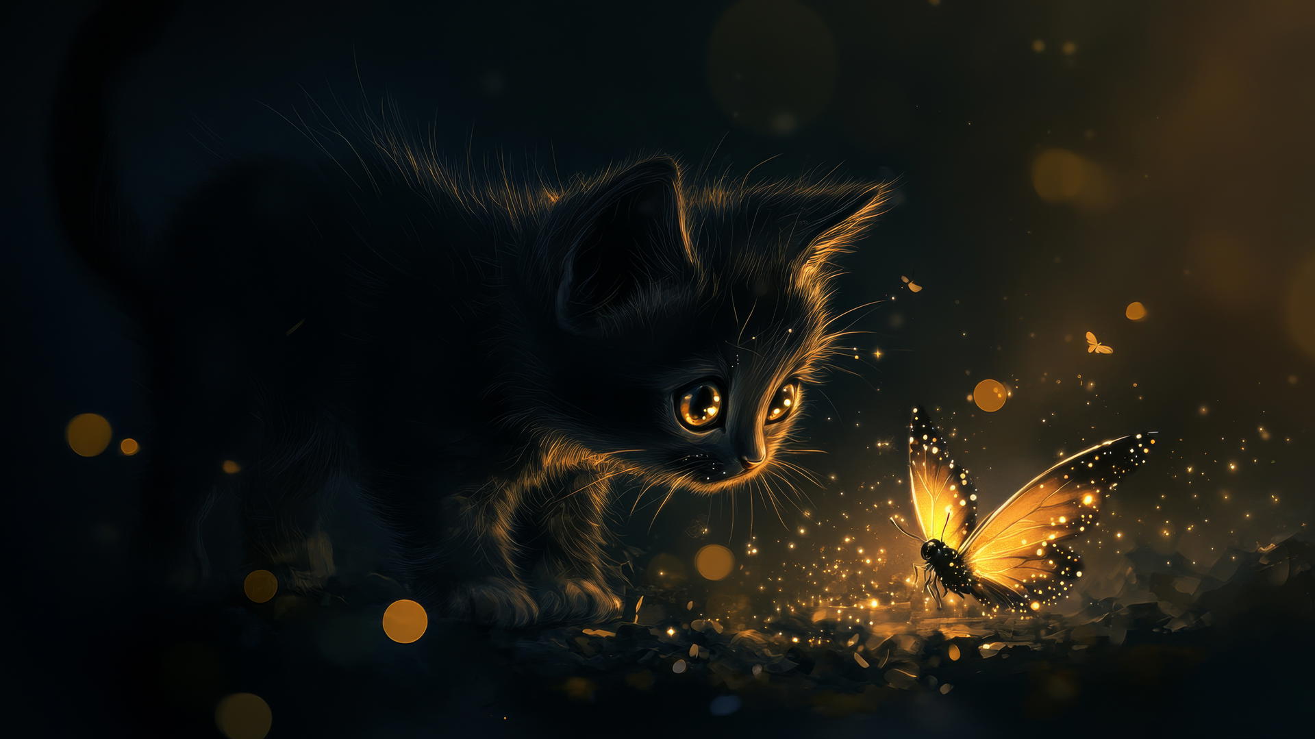 black cute wallpaper with a tiny cartoon kitten chasing a butterfly