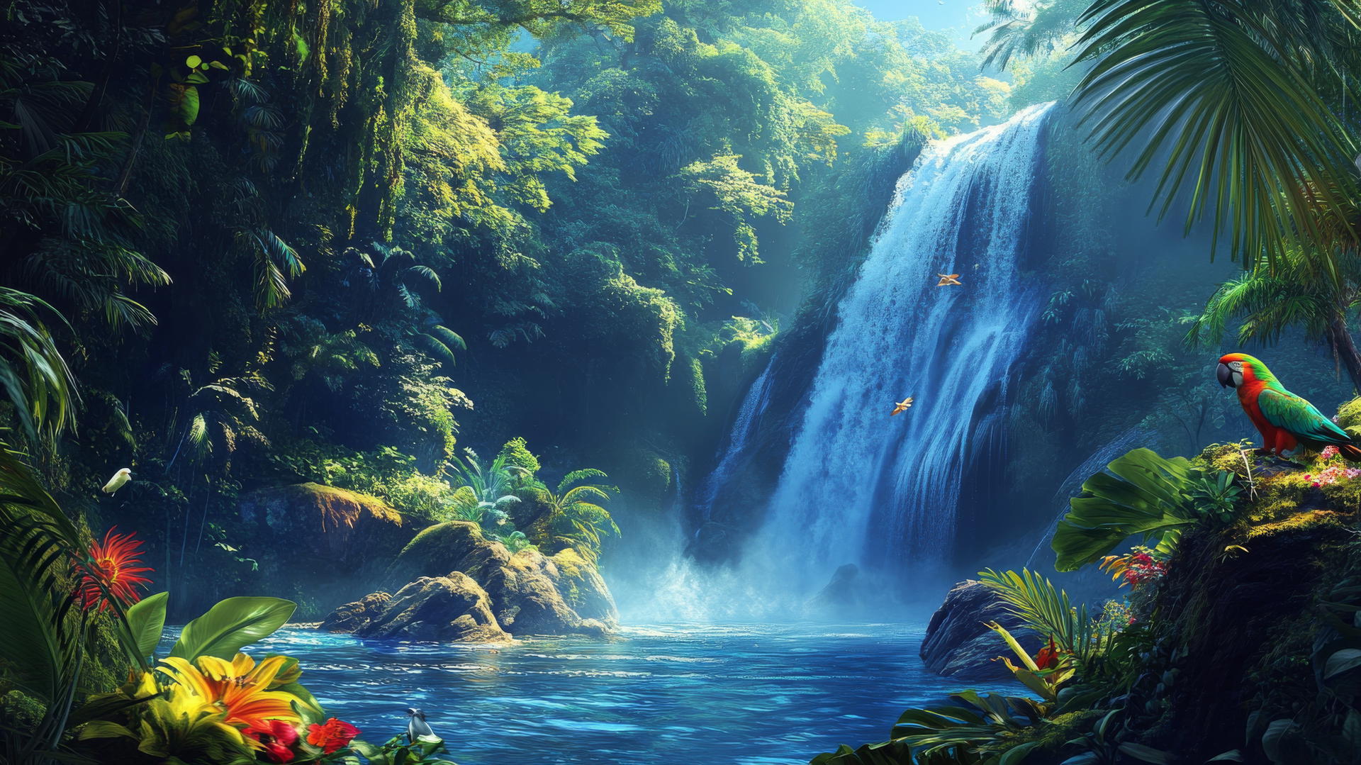 beautiful nature wallpaper 4k of tropical rainforest with vibrant green foliage, colorful birds, and cascading waterfall