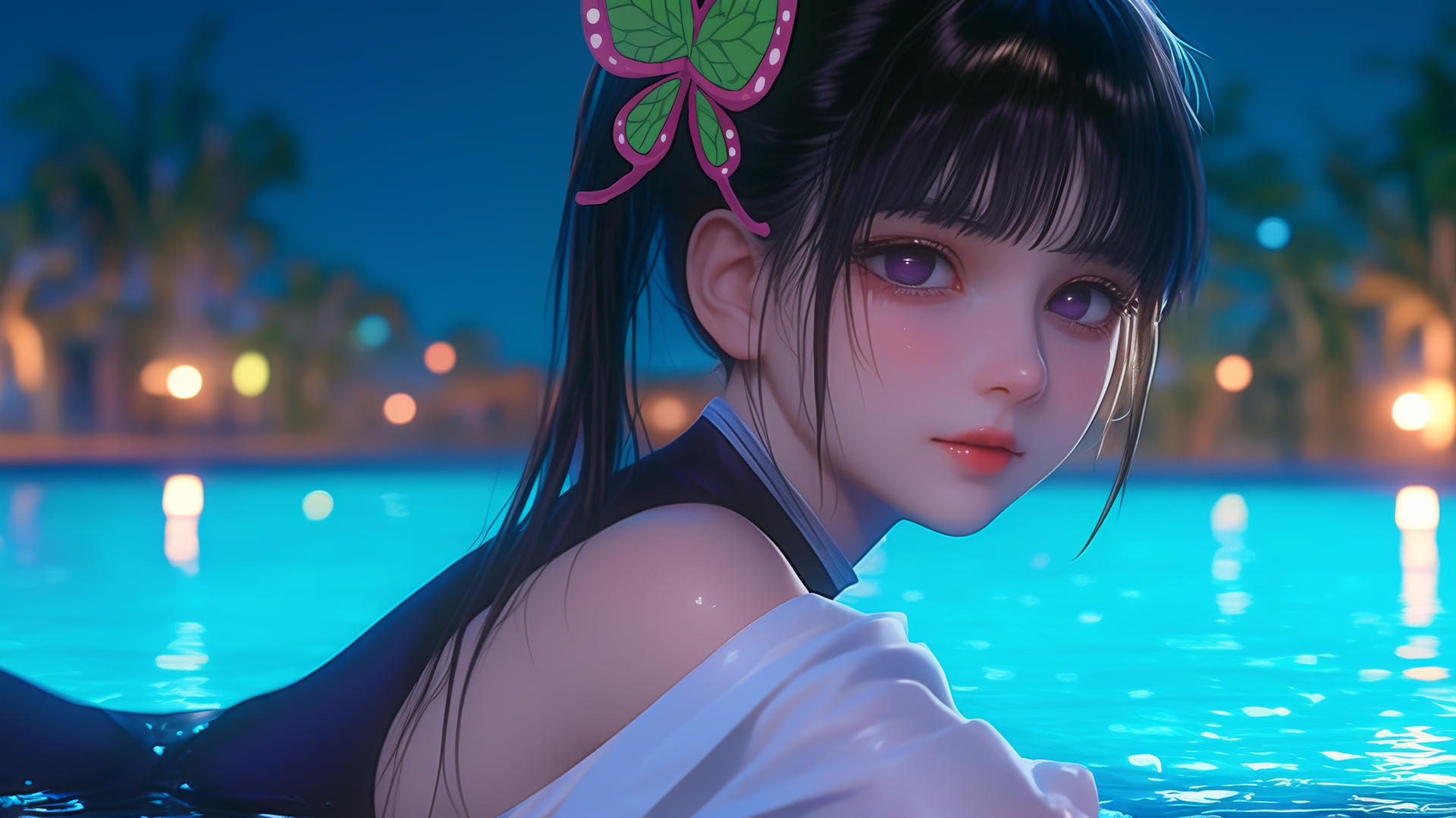 Kanao Tsuyuri resting at a pool under moonlight with butterfly ornament in hair