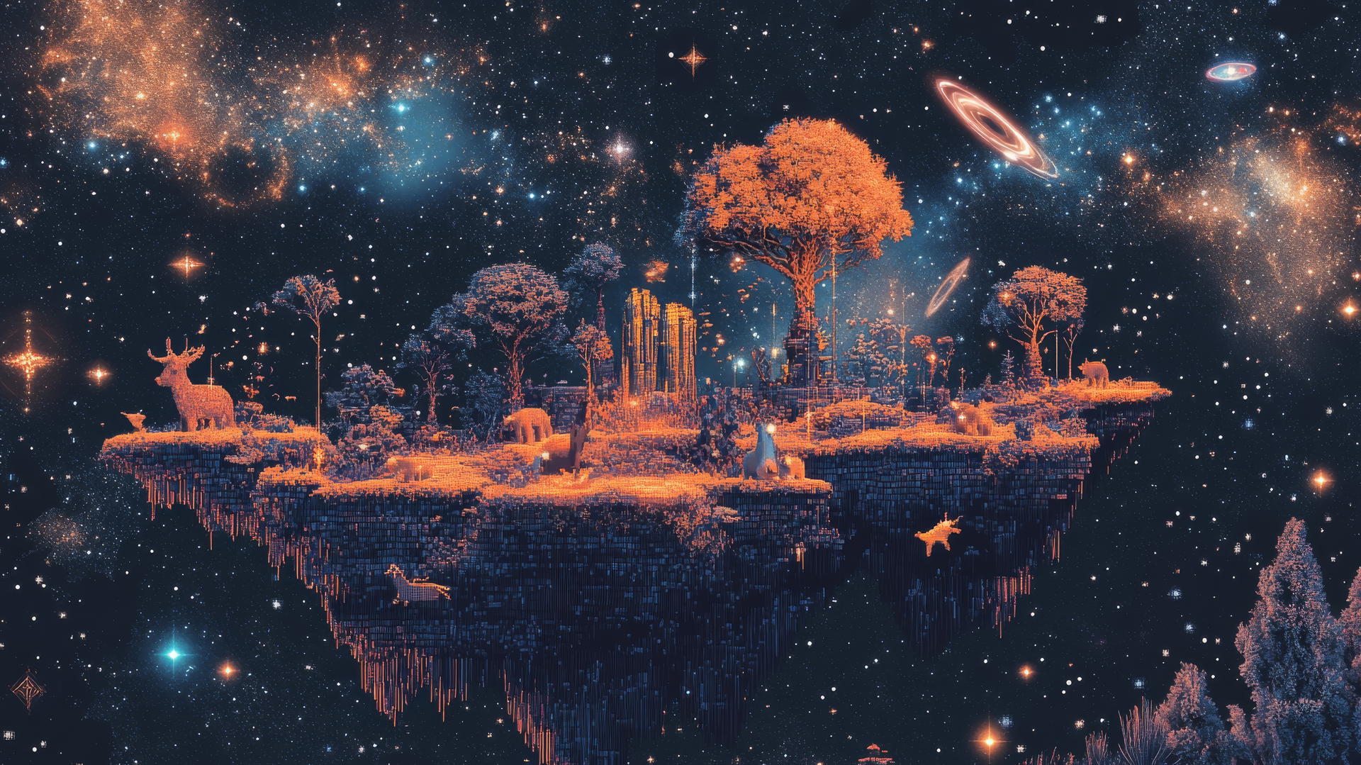 Y2K star wallpaper with digital island, neon trees, pixelated animals, holographic constellations