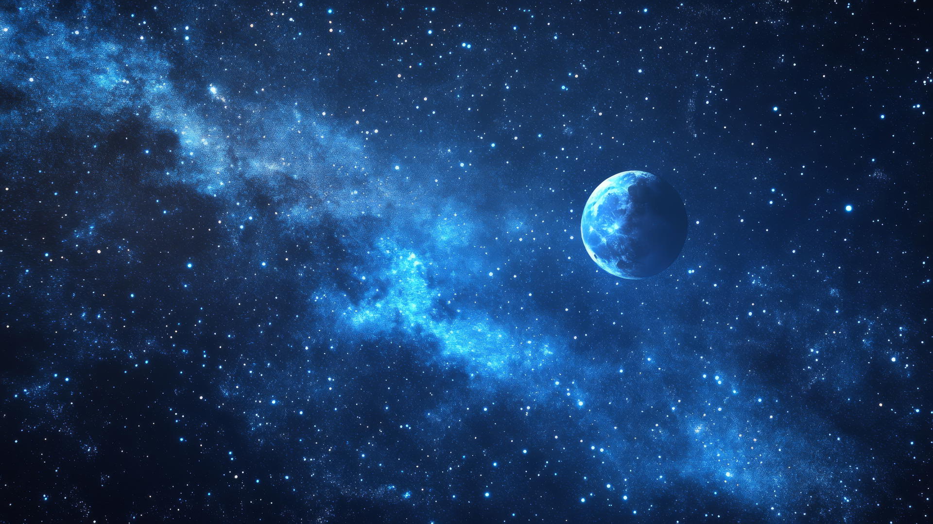 A digital blue wallpaper of a night sky with stars and glowing moon.
