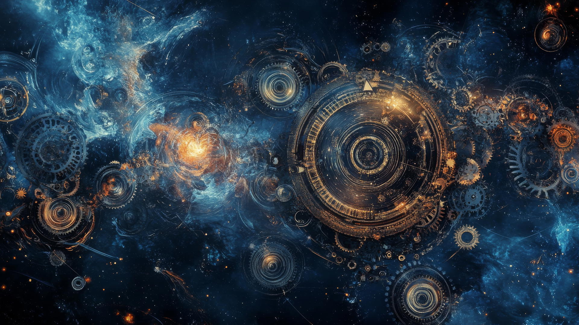 Navy blue wallpaper with cosmic clockwork design, intricate gears, and celestial motifs.