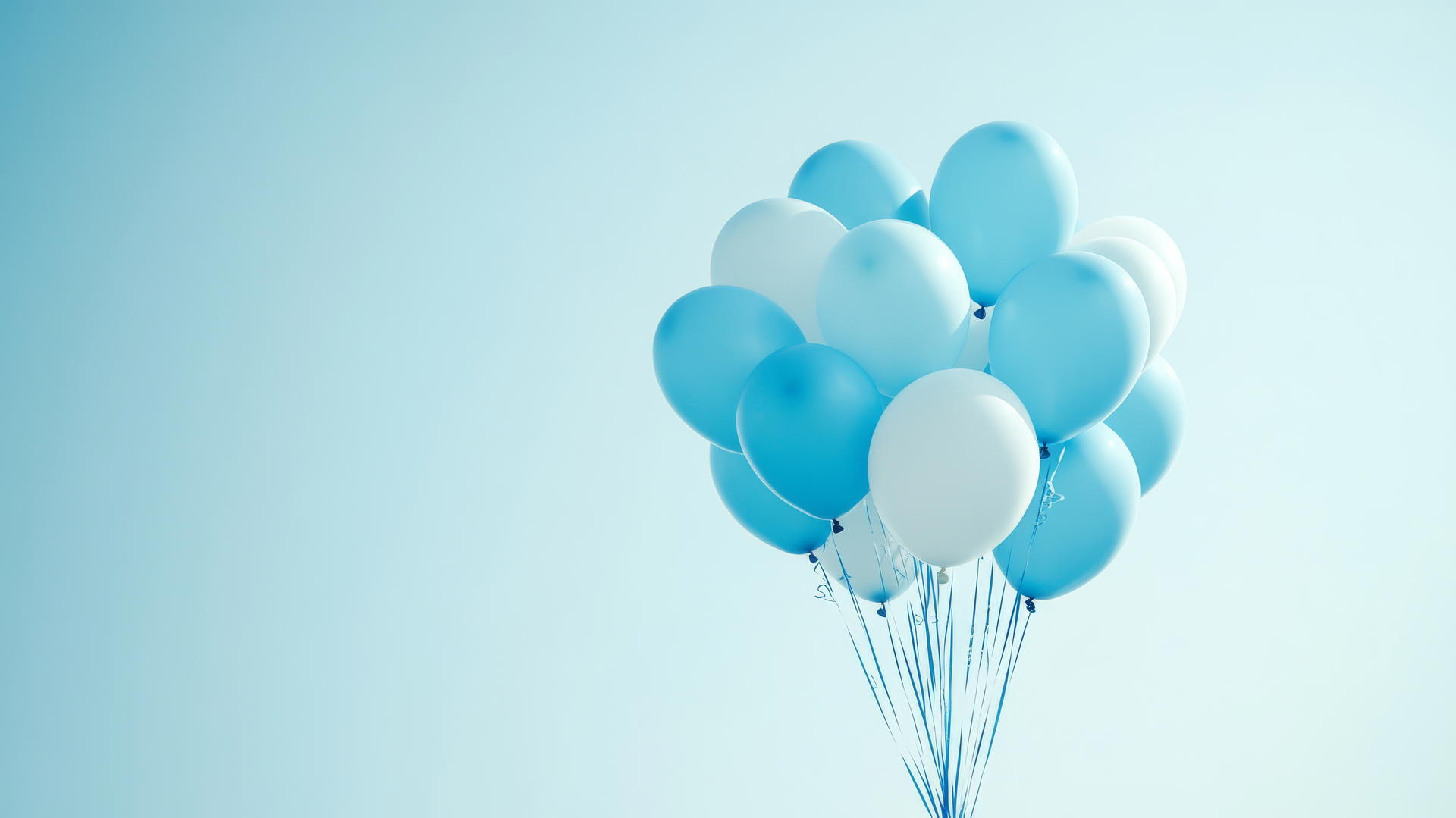 bouquet of helium balloons in shades of baby blue floating against a light sky background, baby blue wallpaper