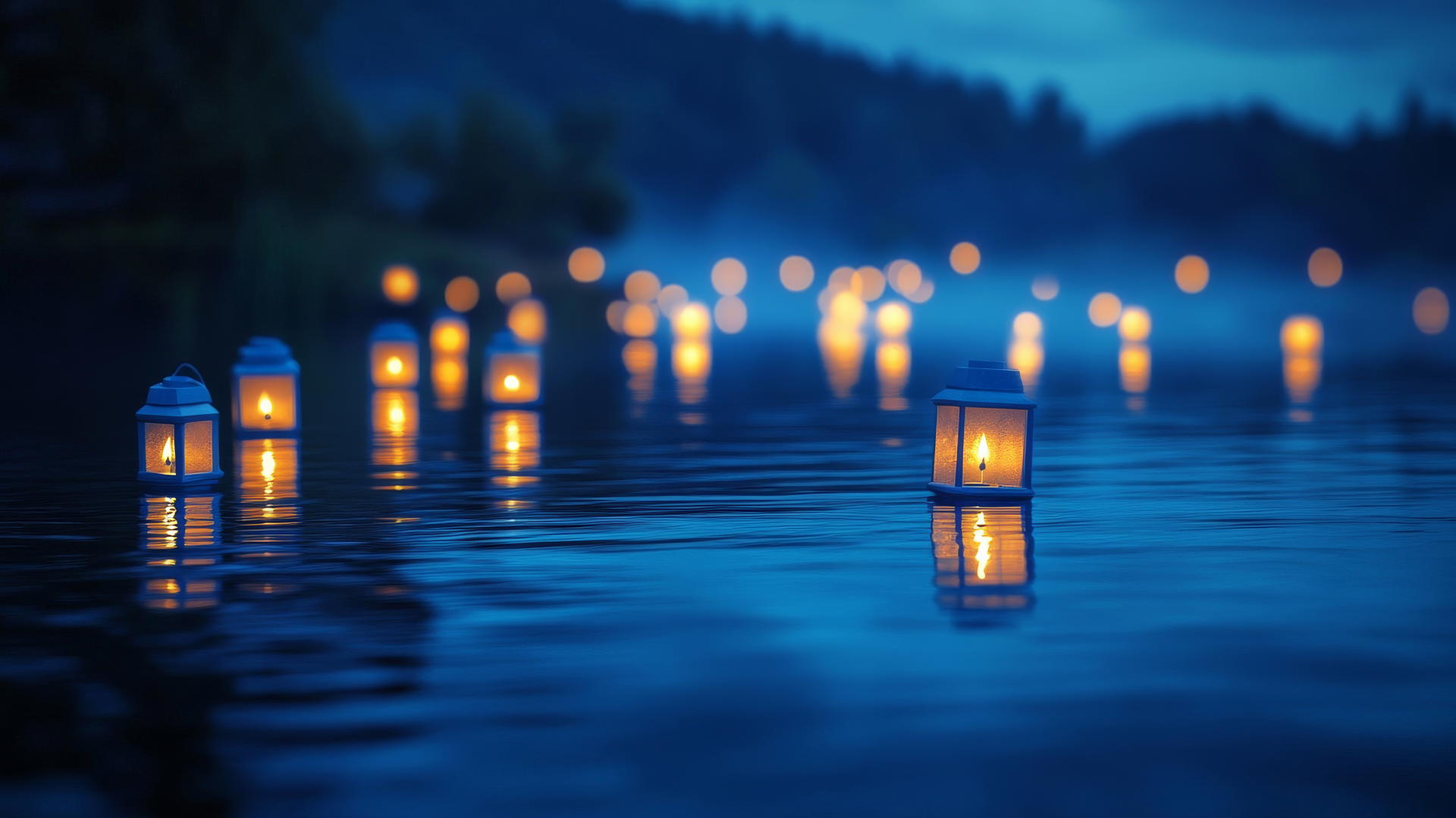 aesthetic blue wallpaper with floating lanterns on a twilight lake