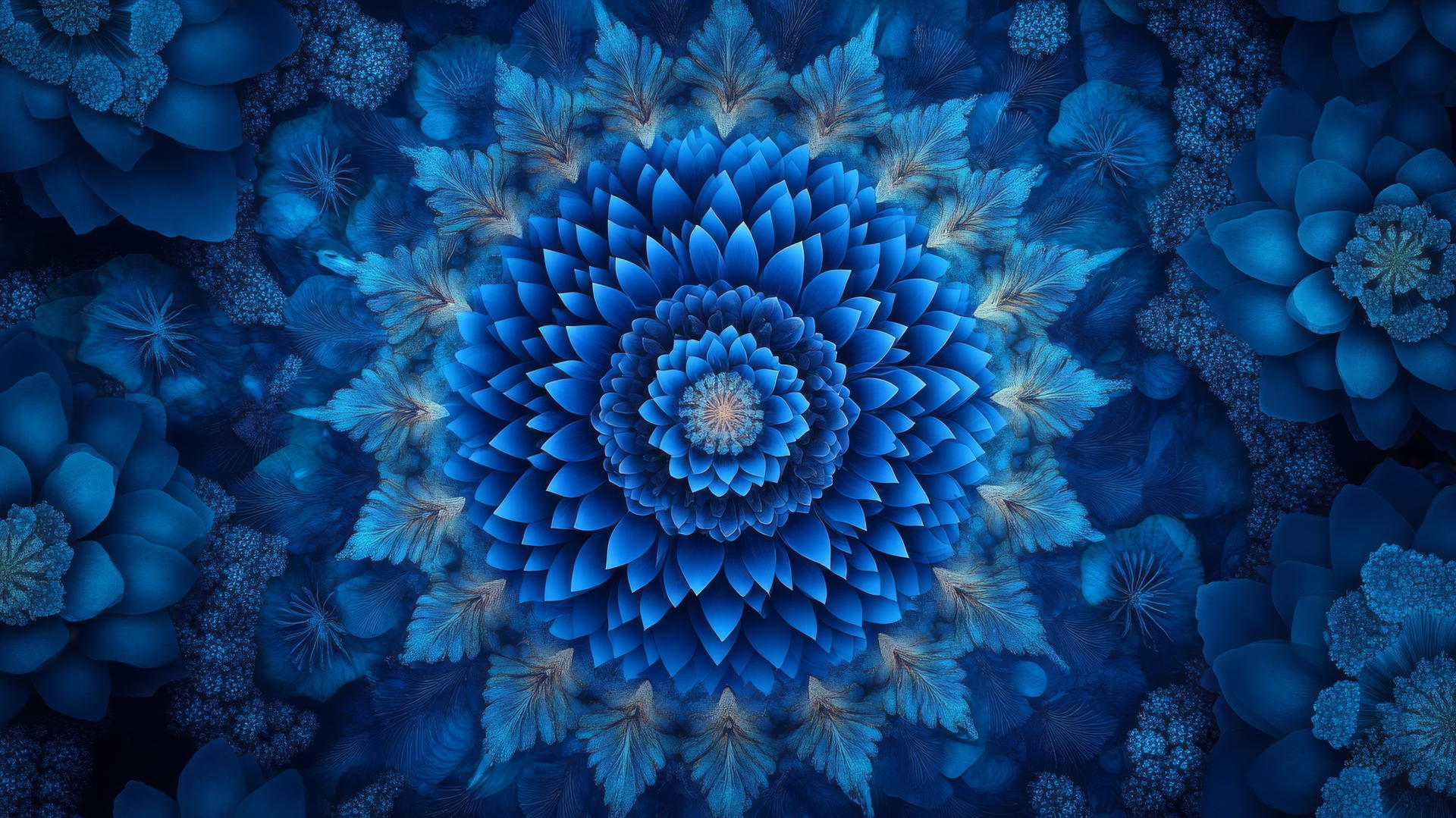 blue floral wallpaper with intricate mandala and concentric flower patterns