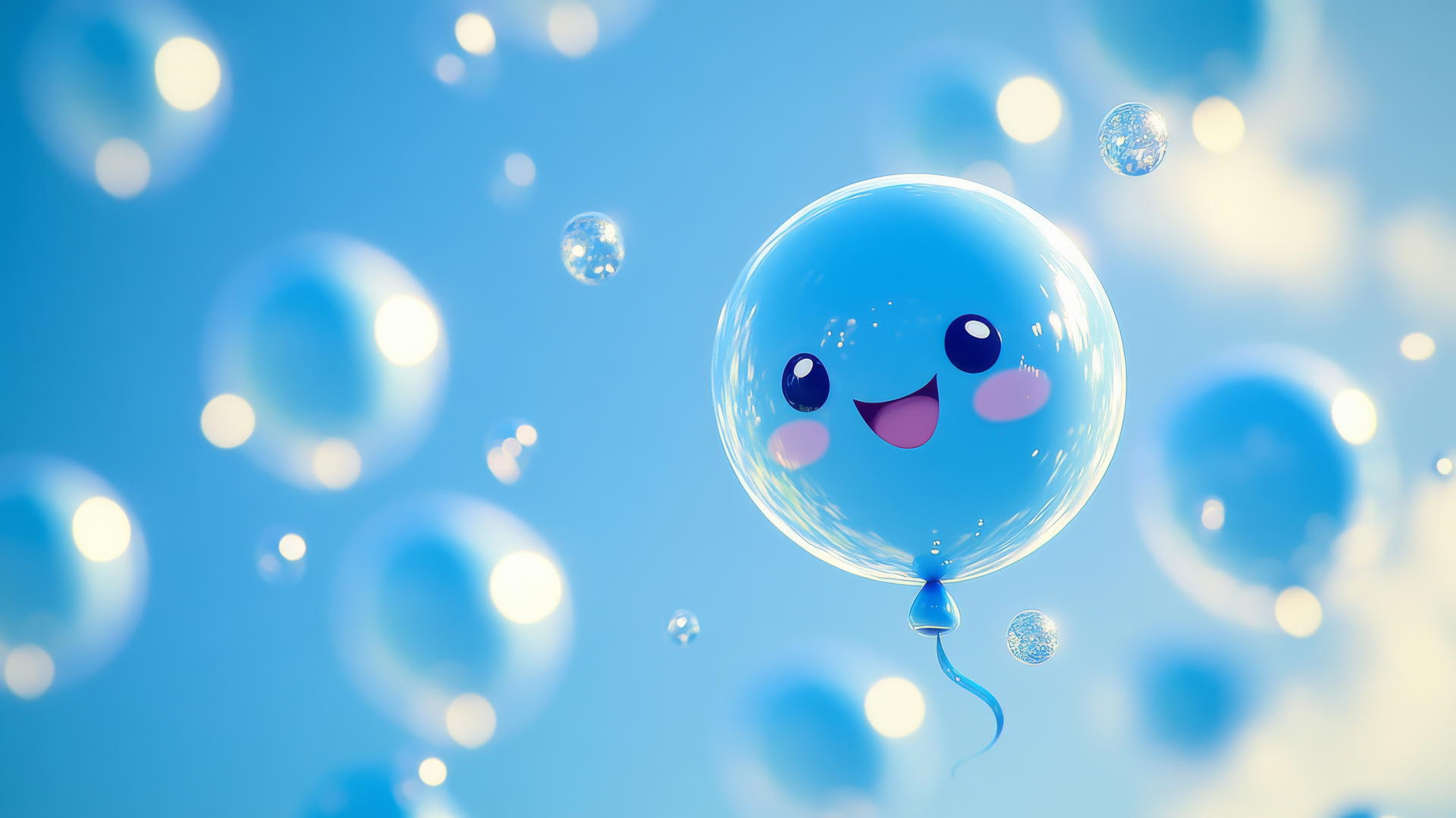 cute blue wallpaper with a cluster of cartoon blue balloons with happy faces floating upwards
