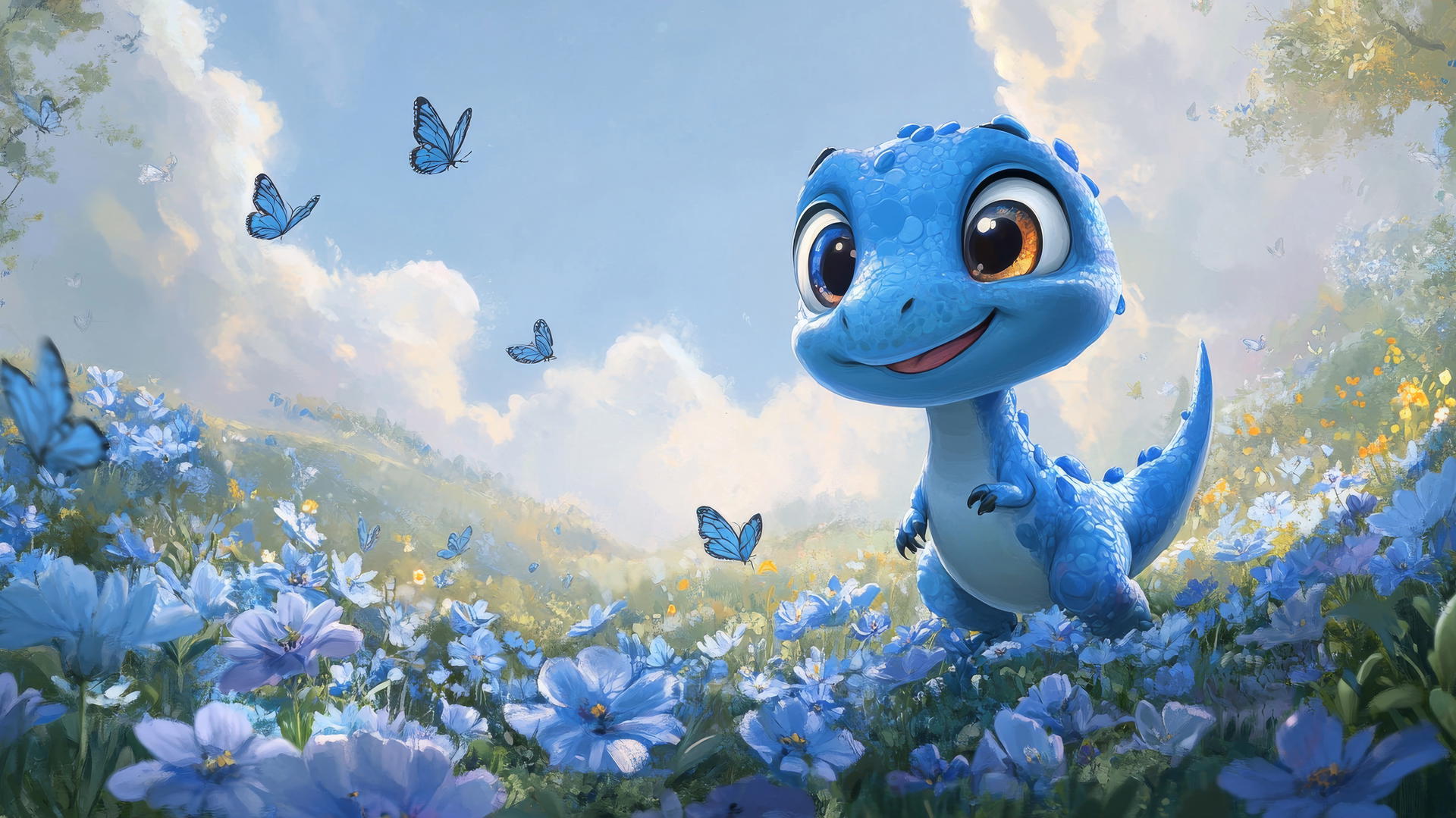 Cute blue wallpaper with a cartoon blue dinosaur, big eyes, playful smile, blue flowers, butterflies, and a soft blue sky.
