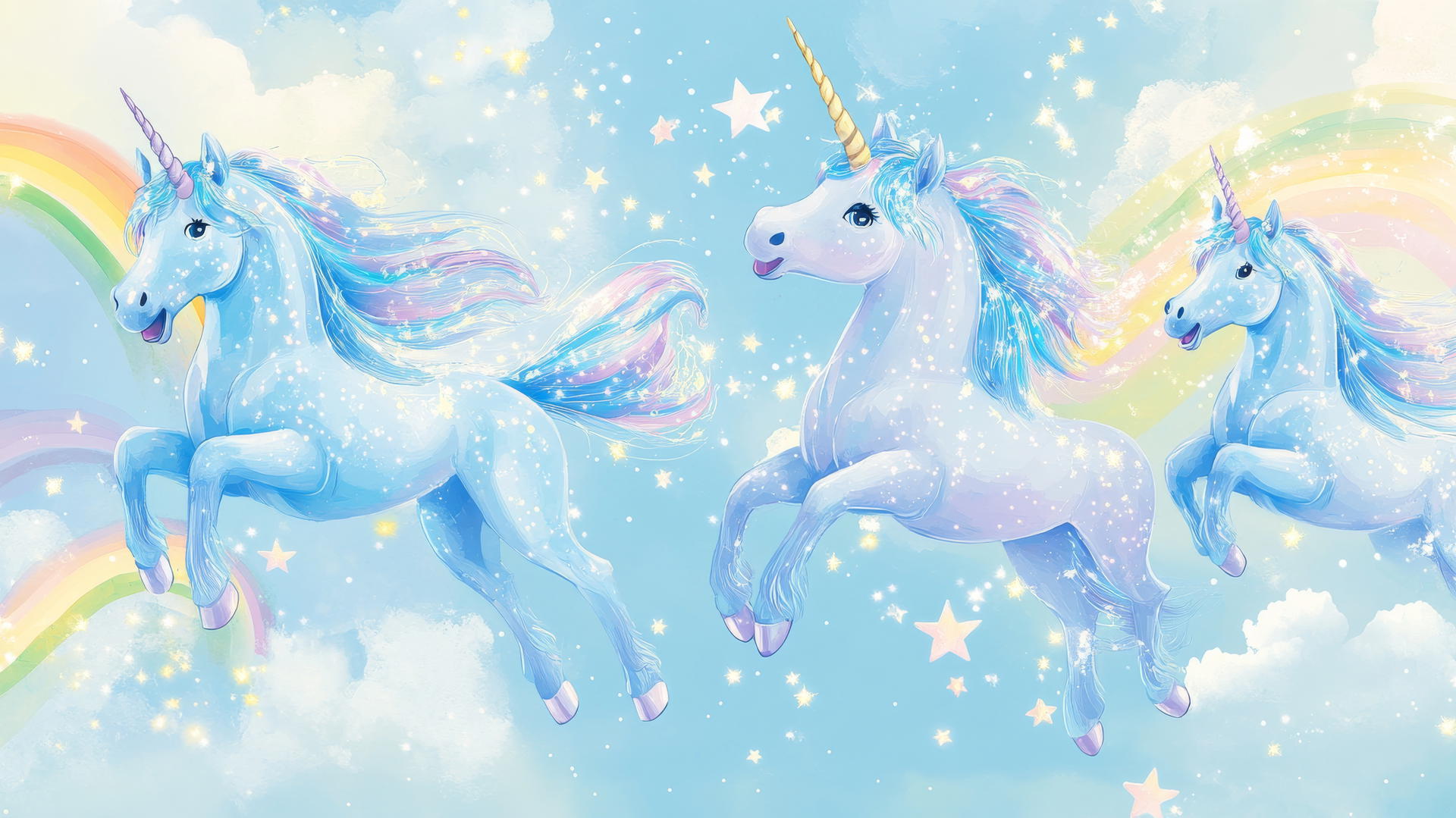 cute blue wallpaper with dreamy unicorns, sparkling manes and tails, stars, and rainbows in a pastel sky