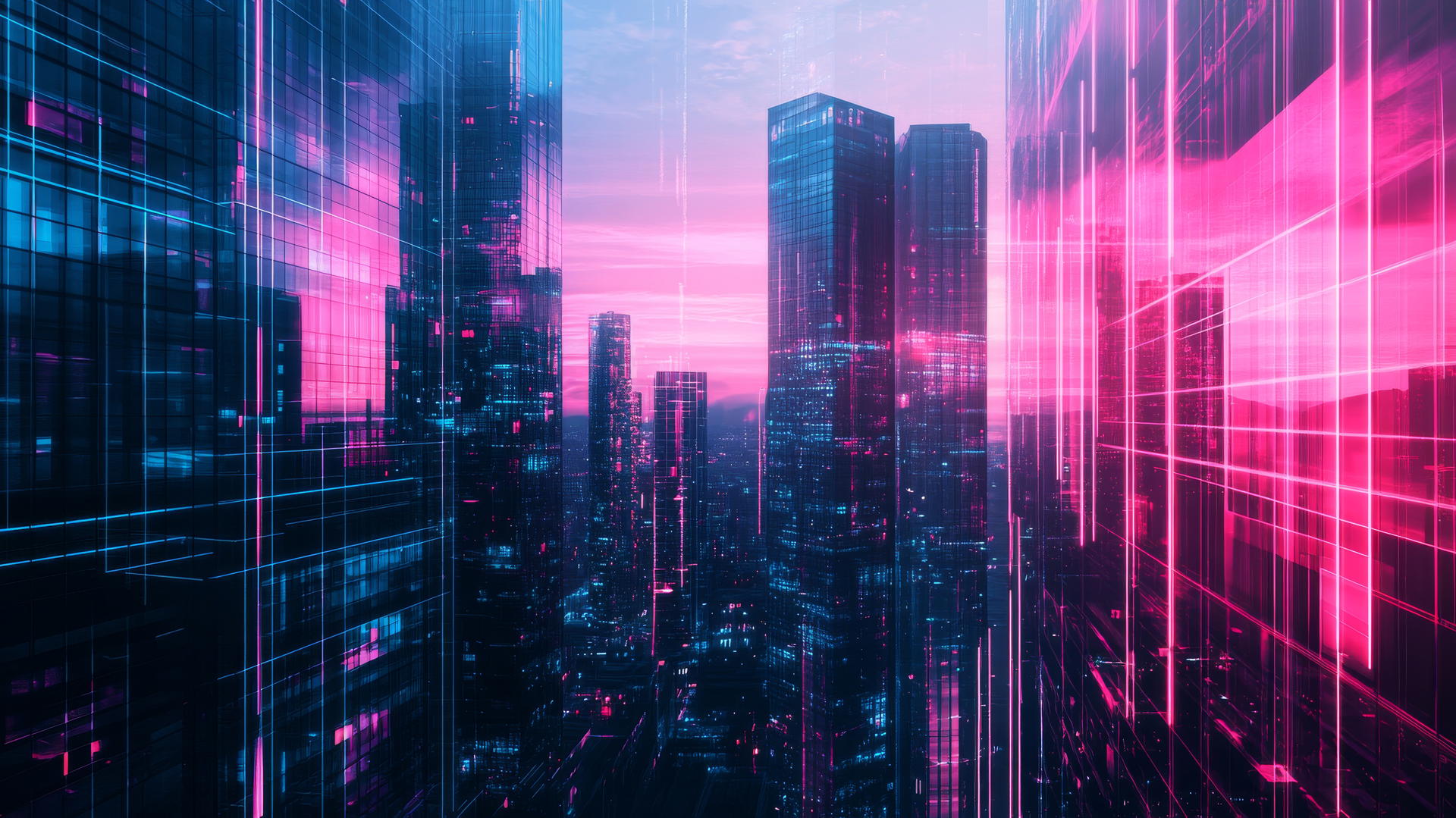 pink and blue wallpaper with neon cityscape and sleek glass buildings