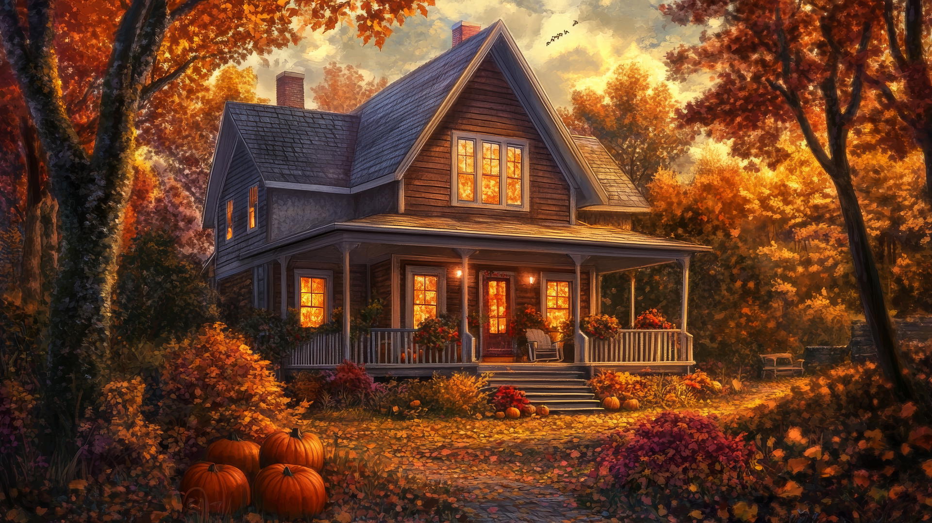 Thanksgiving wallpaper of a farmhouse with fall foliage, pumpkins, and warm window glow