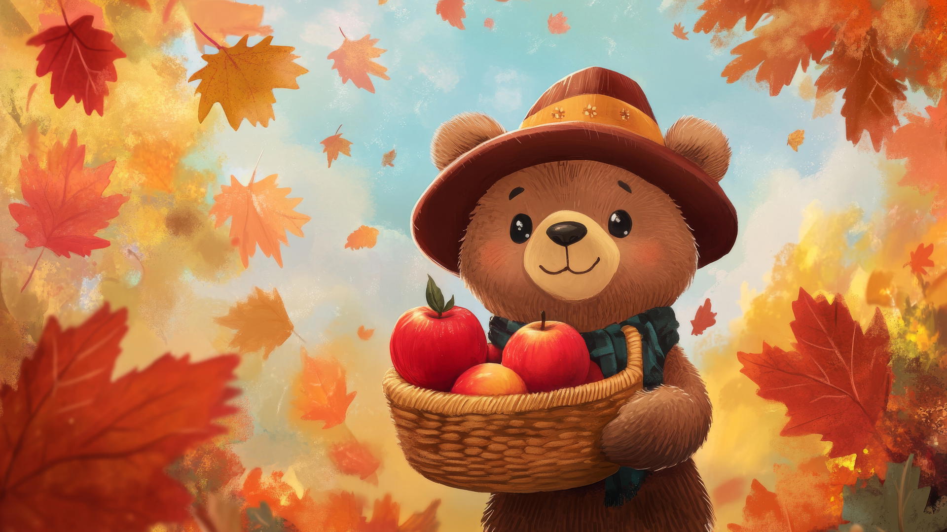 thanksgiving wallpaper cute cartoon bear with pilgrim hat holding basket of apples
