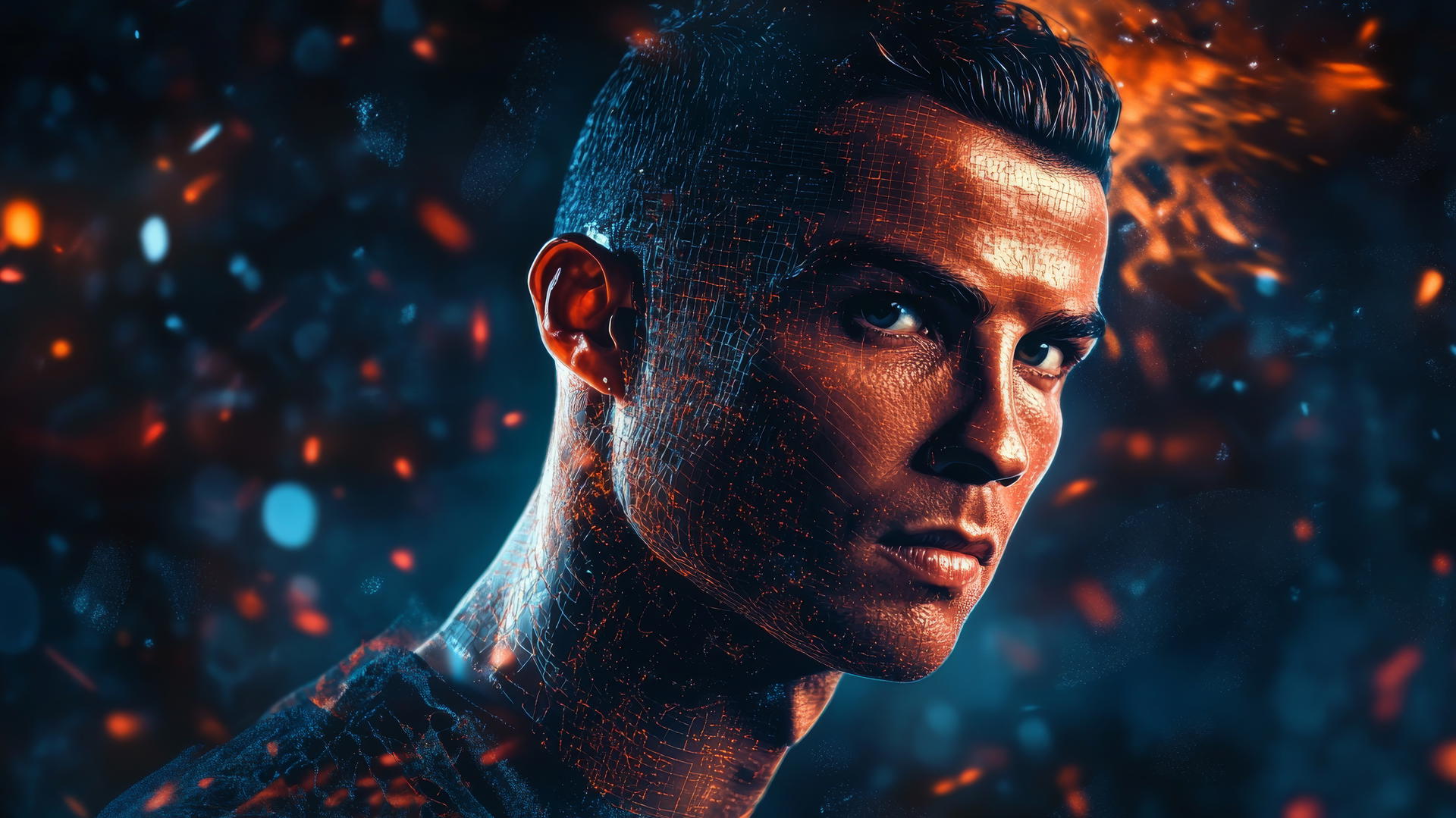 cristiano ronaldo digital avatar with holographic elements, 4k wallpaper