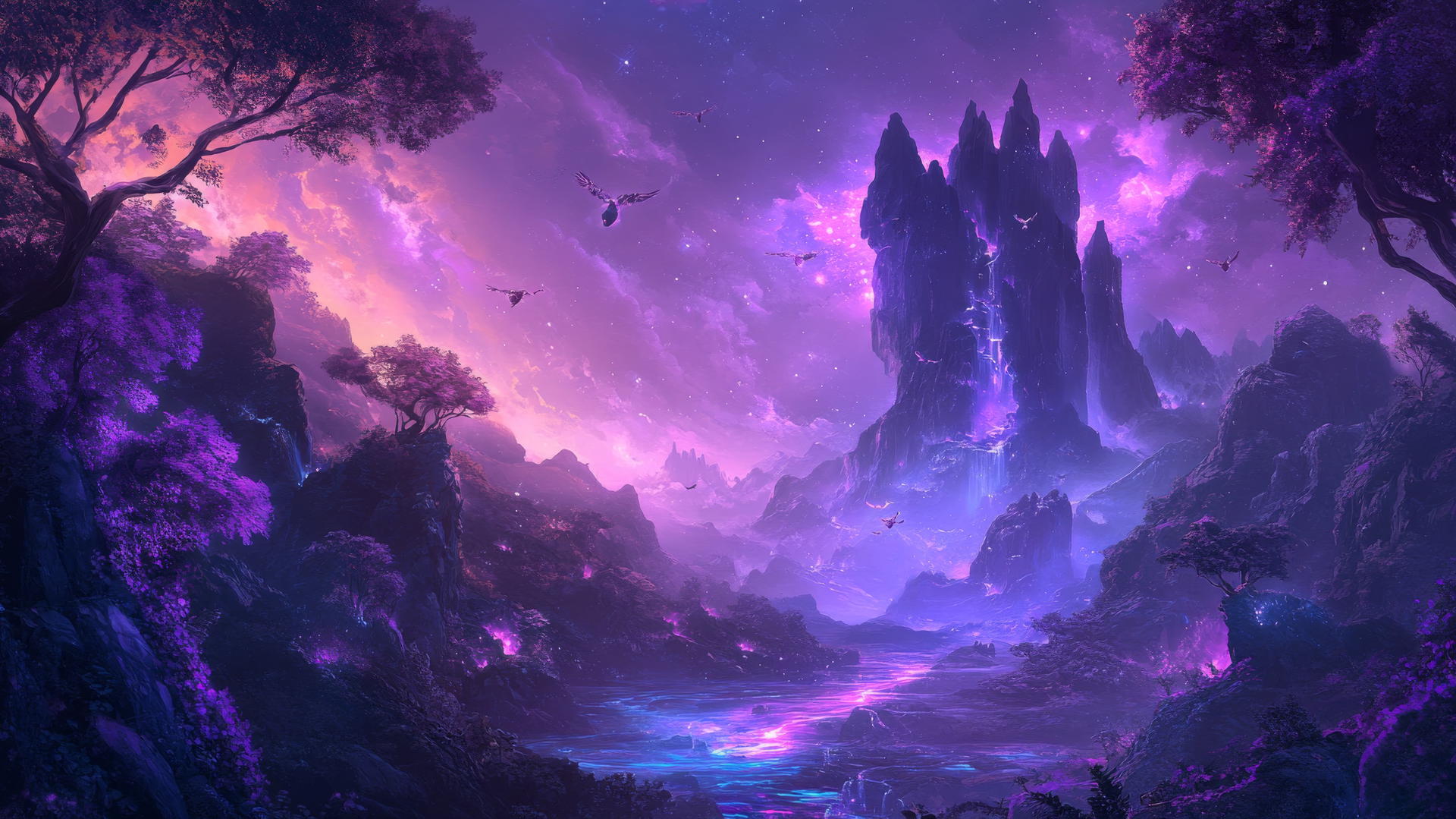 purple wallpaper 4k with glowing forests, mystical creatures, and floating islands