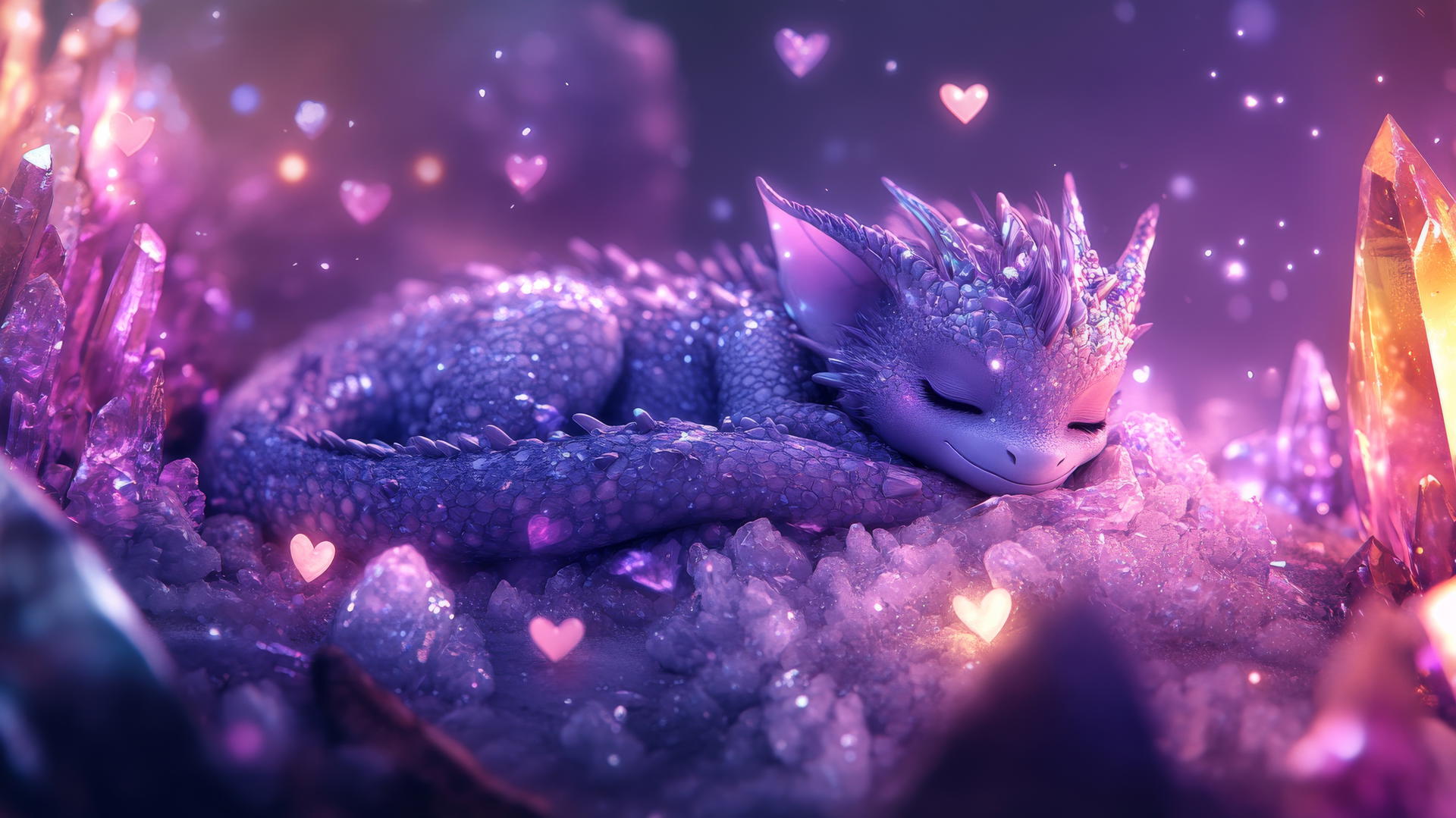 cute purple dragon curled on glowing crystals with tiny hearts and sparkles