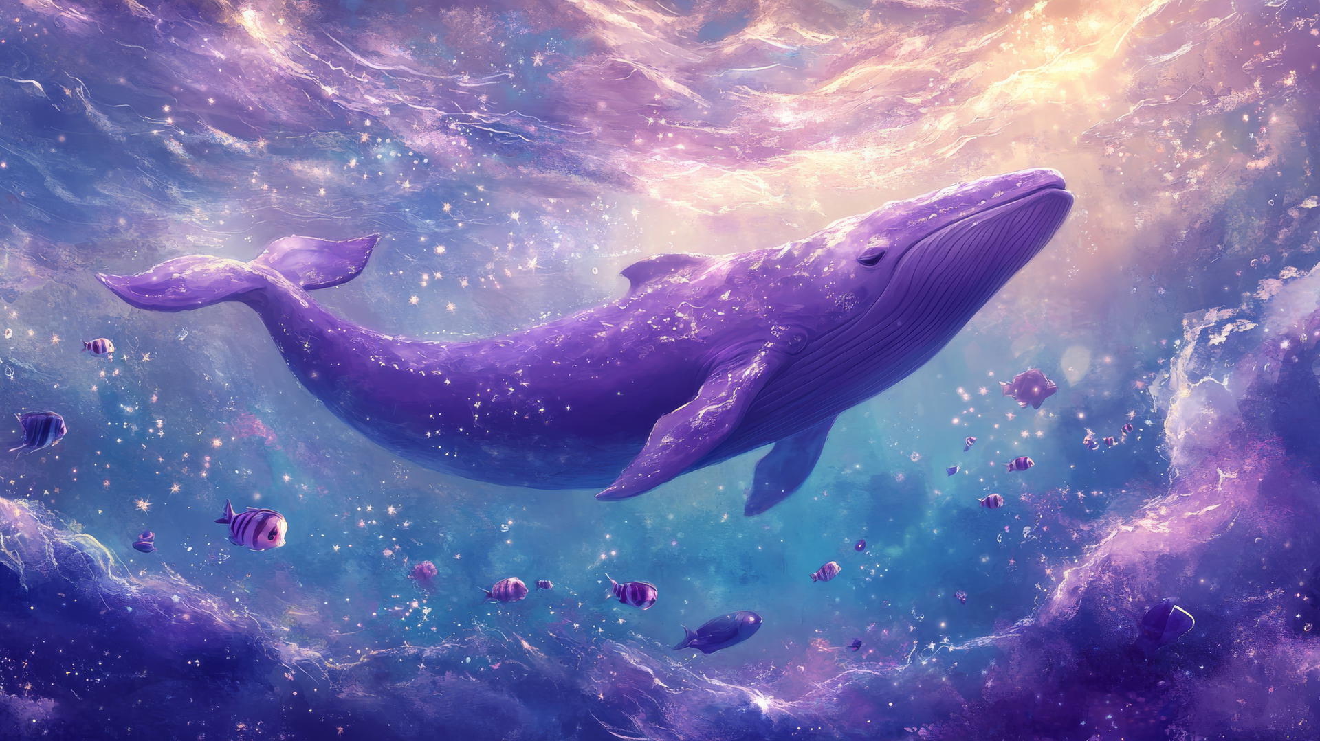cute purple wallpaper with a whale swimming among pastel stars and tiny fish