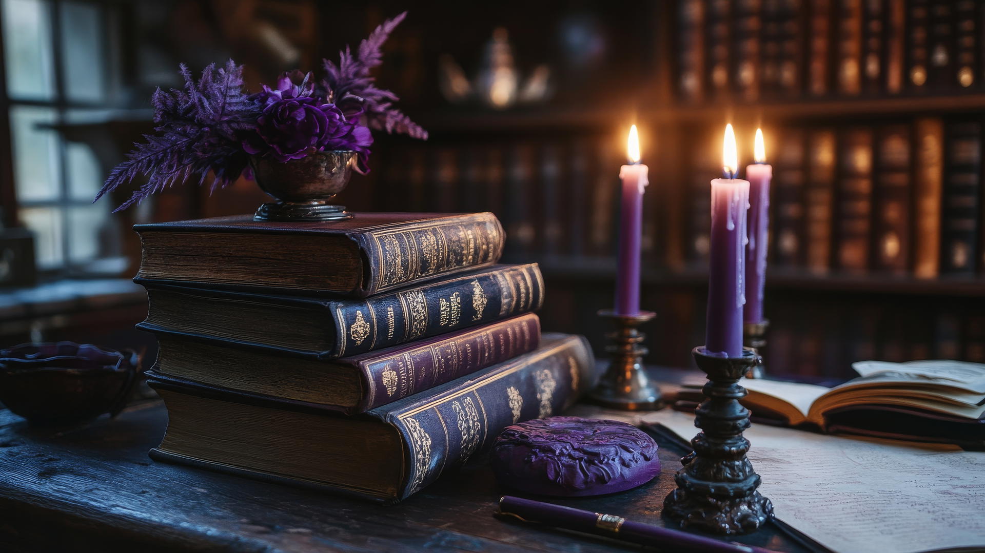 purple wallpaper aesthetic with dark academia themes, antique books, quill pens, and candlelight