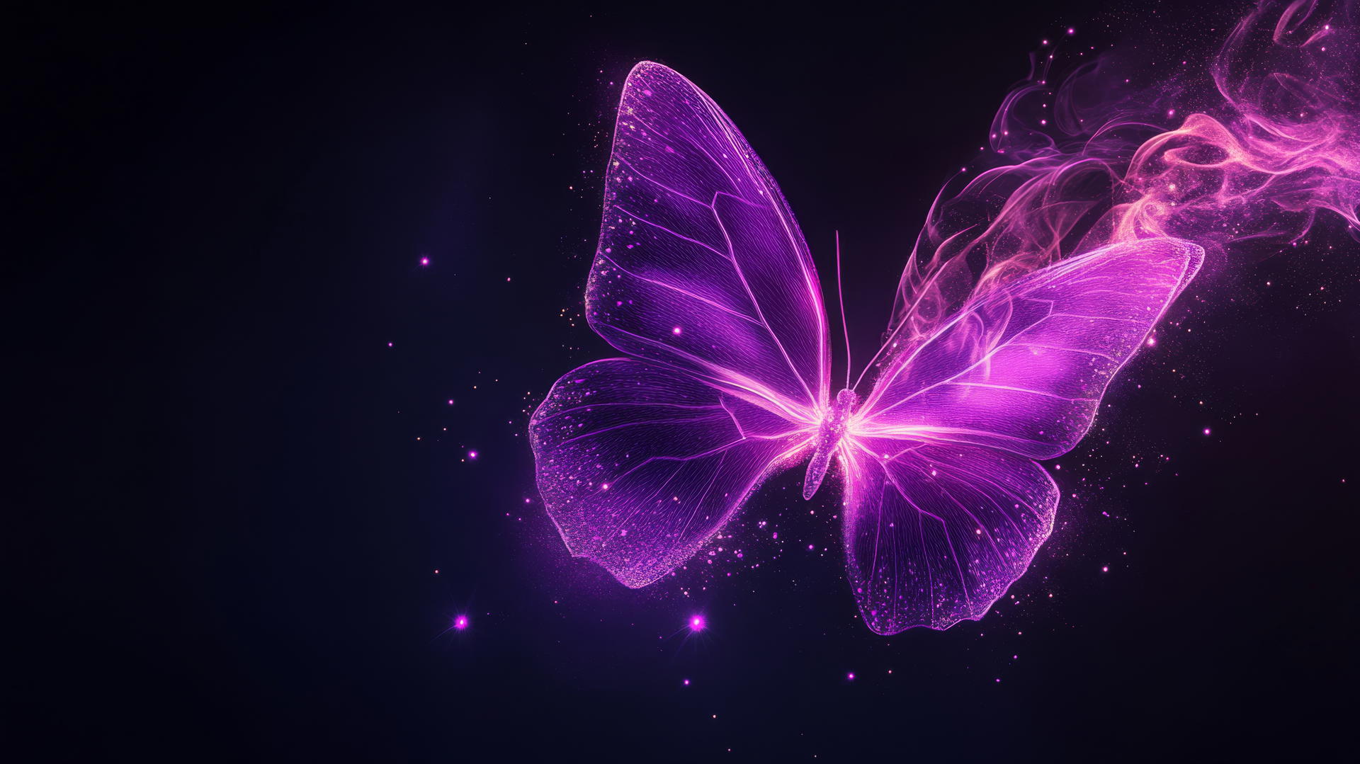 Neon purple butterfly with light trails on black background, neon purple aesthetic wallpaper.
