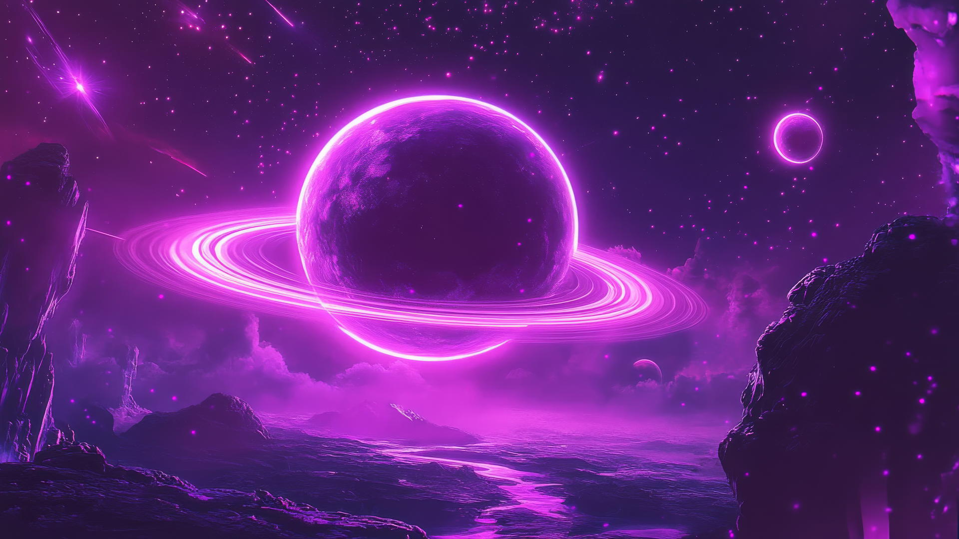 neon purple aesthetic wallpaper with glowing stars, neon planets, and a large ringed planet