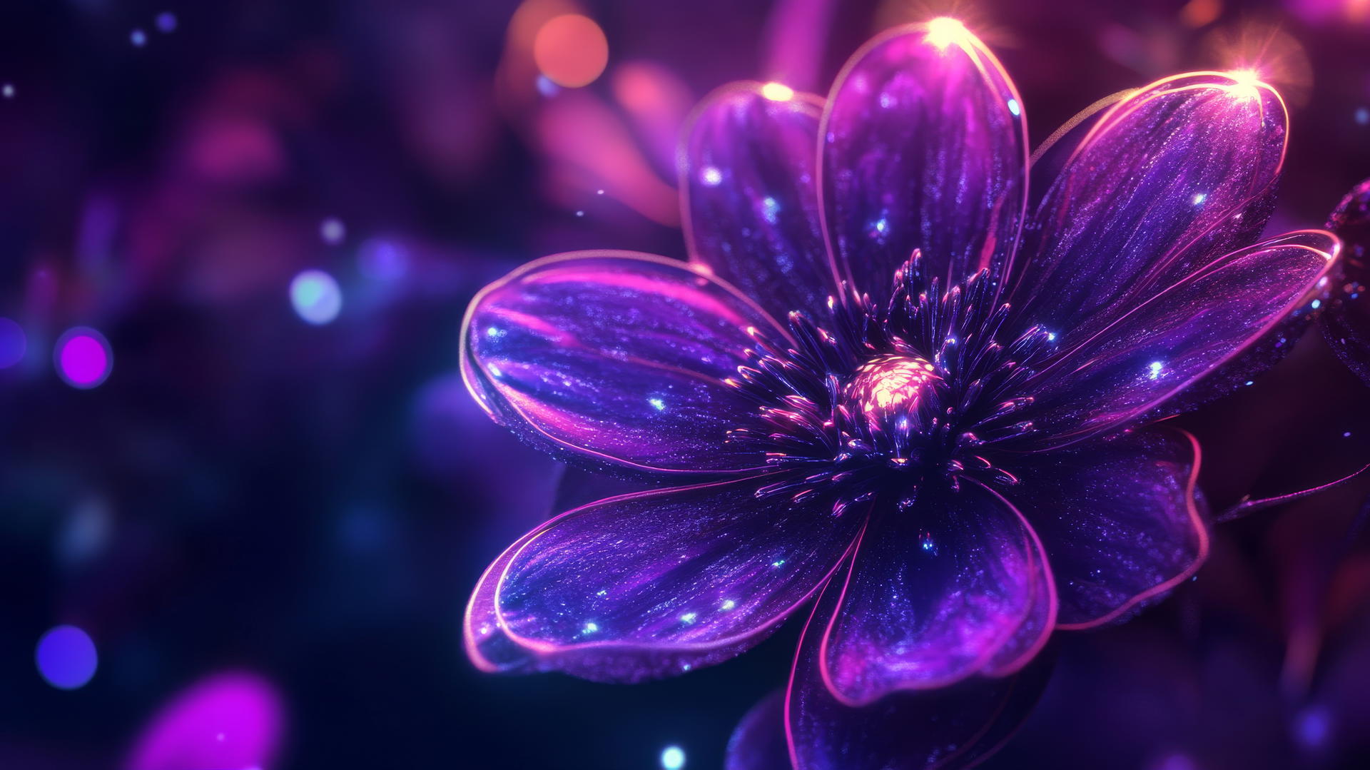 A vibrant purple flower wallpaper with glowing neon petals and subtle sparkles.