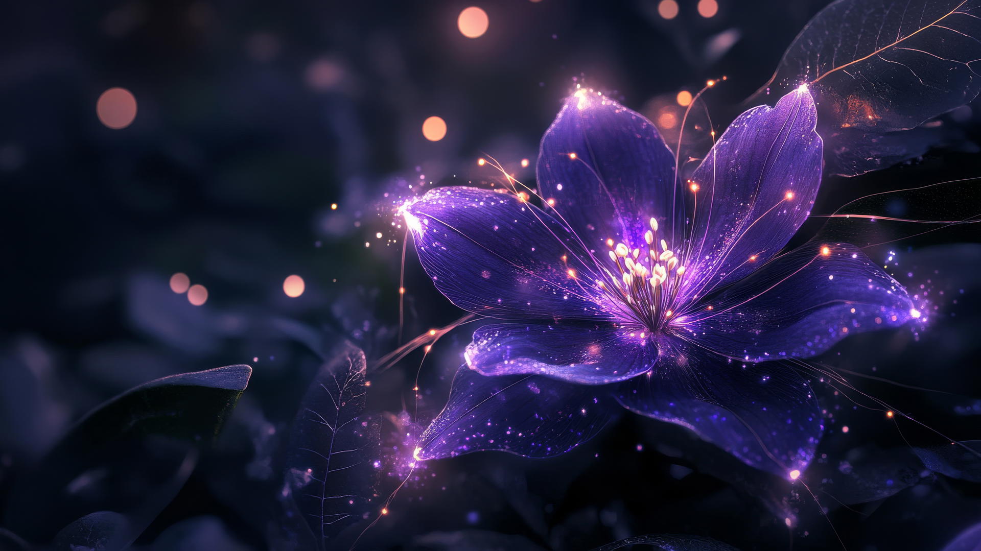 Purple flower wallpaper with glowing petals, fairy lights, and sparkles in an enchanted forest.