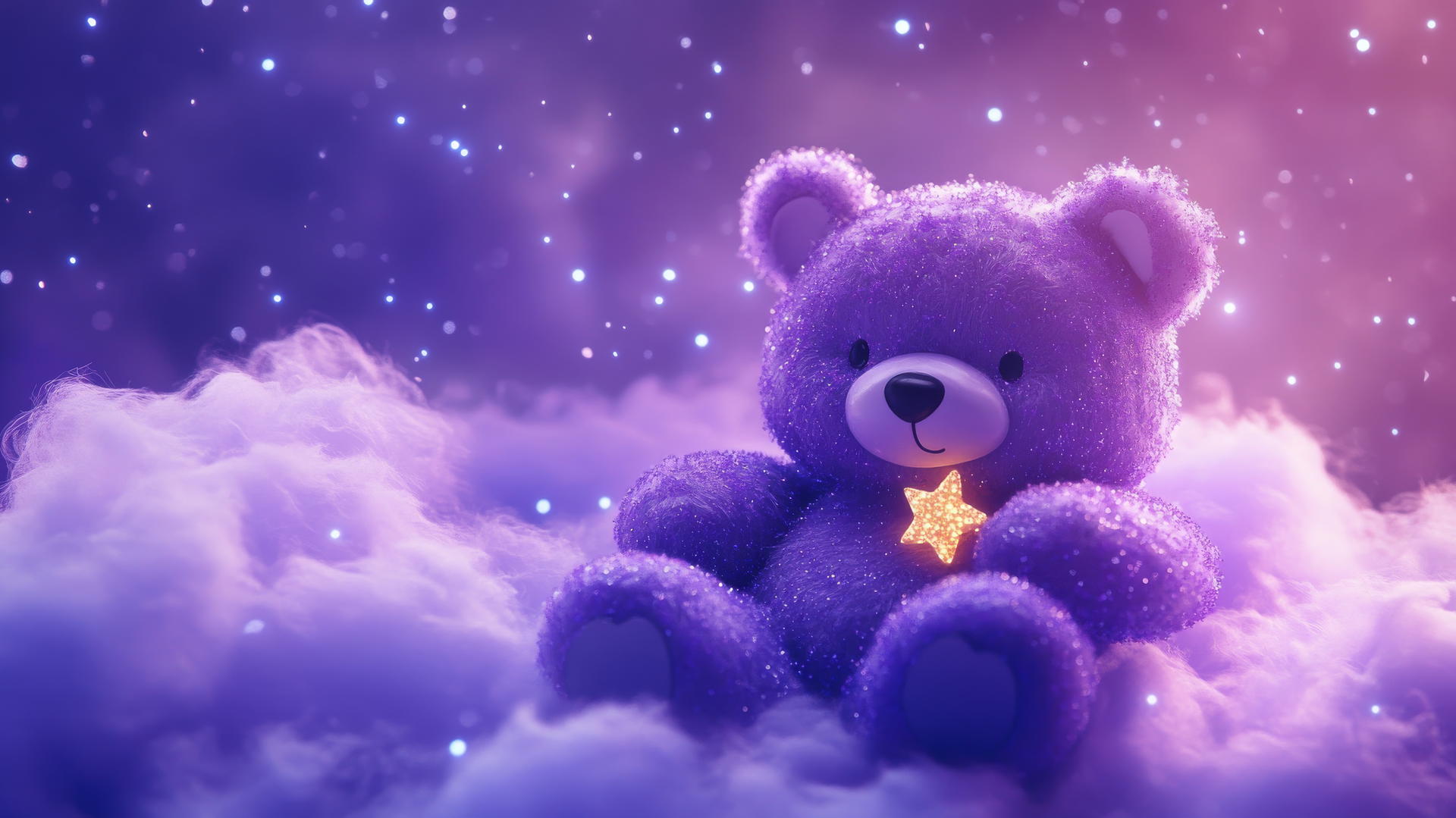 cute purple wallpaper featuring a kawaii bear holding a tiny star on a fluffy lavender cloud with sparkles and twinkling lights
