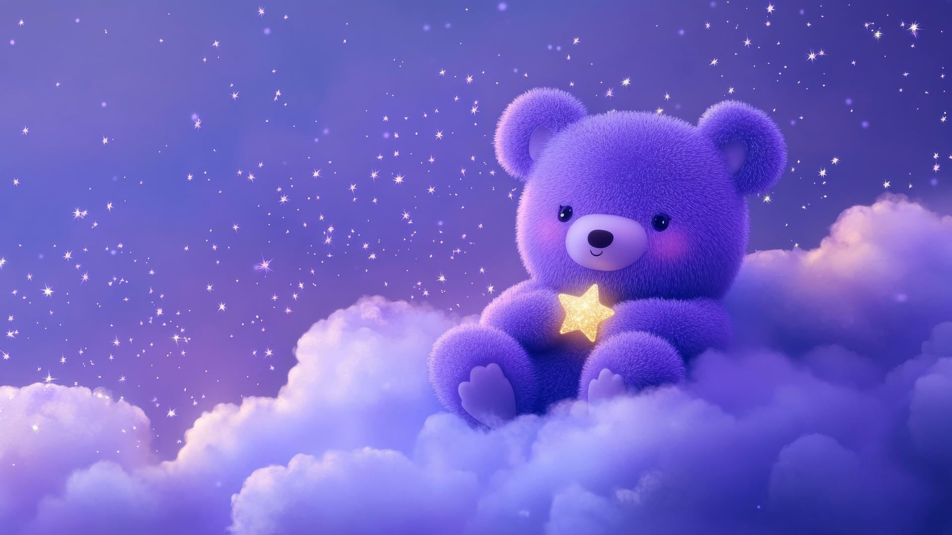 cute purple wallpaper with a kawaii bear holding a tiny star on a lavender cloud