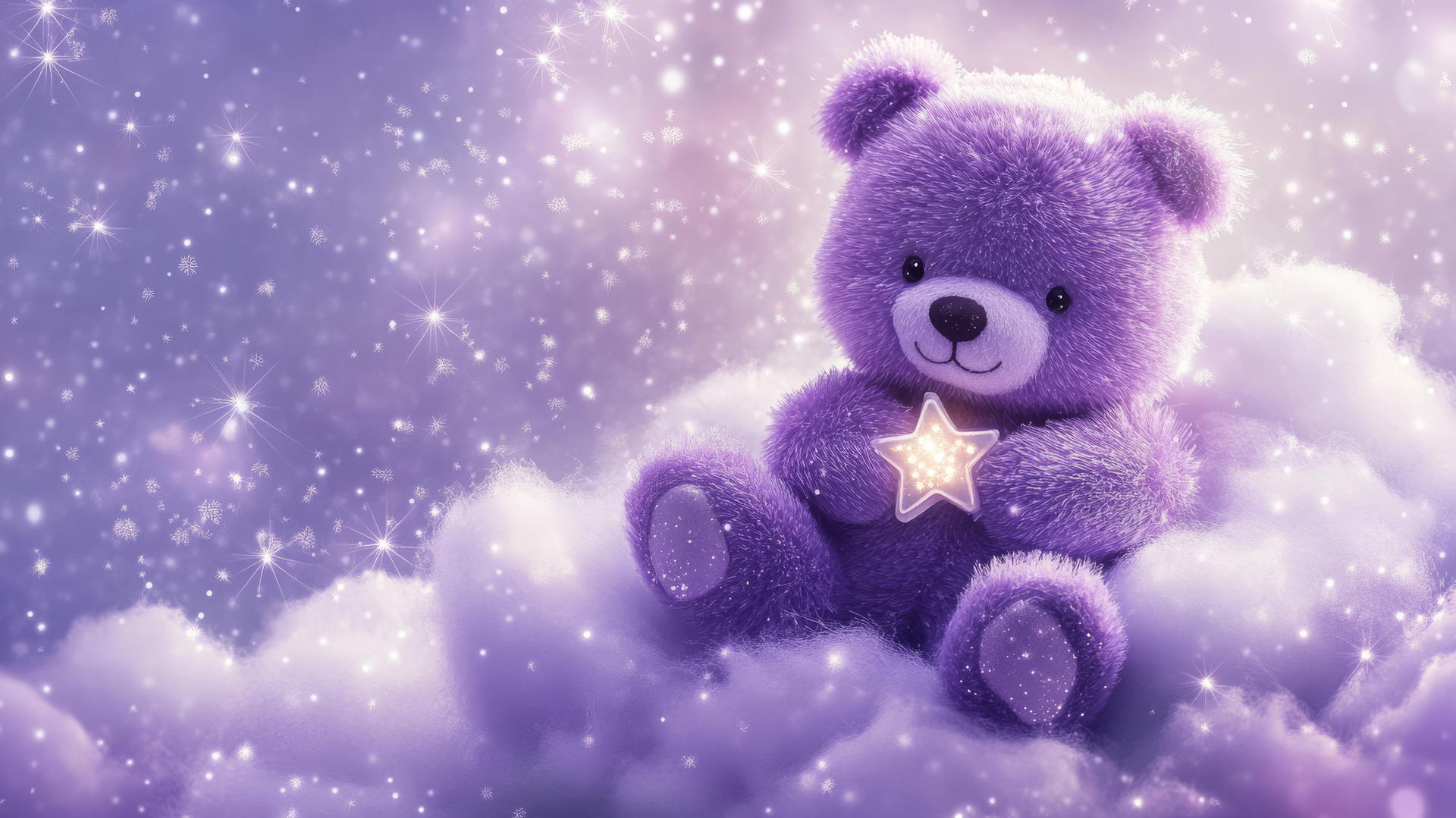 cute purple wallpaper with a kawaii bear holding a tiny star on a fluffy lavender cloud