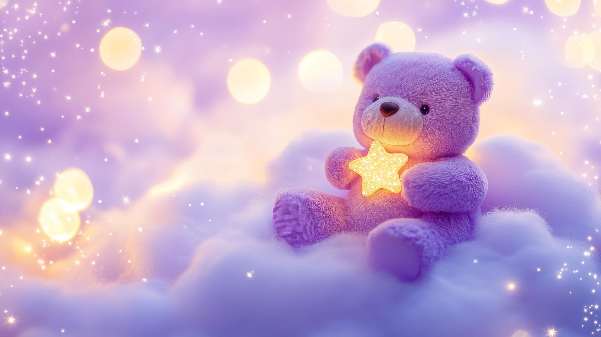 cute purple wallpaper with a kawaii bear holding a star on a lavender cloud