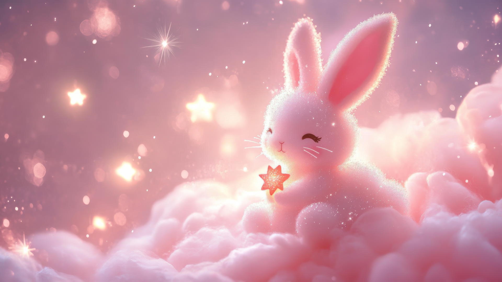 cute pink wallpaper with a kawaii pink bunny holding a tiny star, floating on a fluffy pink cloud with soft sparkles and twinkling lights