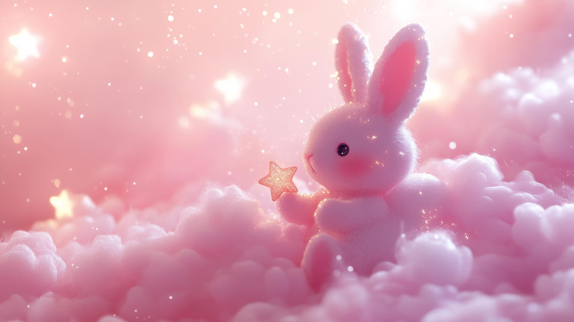cute pink wallpaper of a kawaii bunny holding a tiny star on a fluffy cloud with sparkles