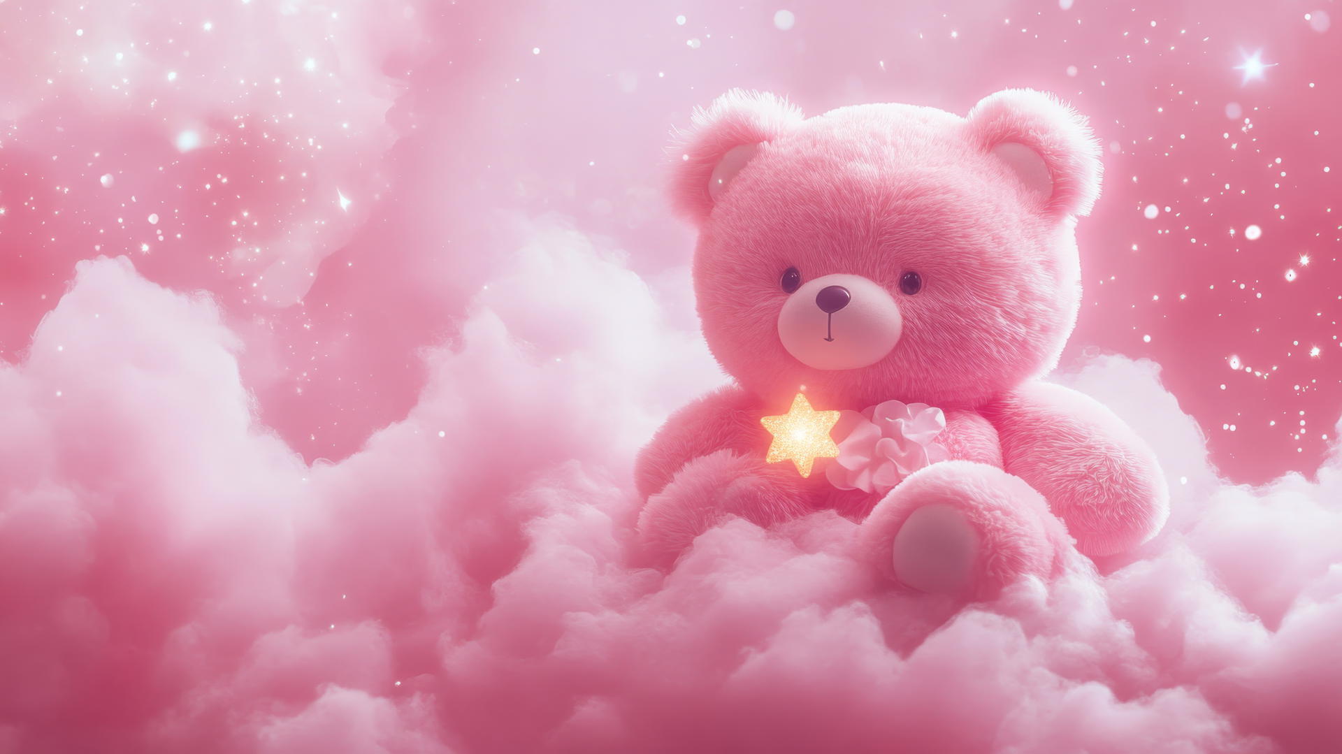 cute pink wallpaper featuring a kawaii pink bear holding a tiny star on a fluffy pink cloud with soft sparkles.