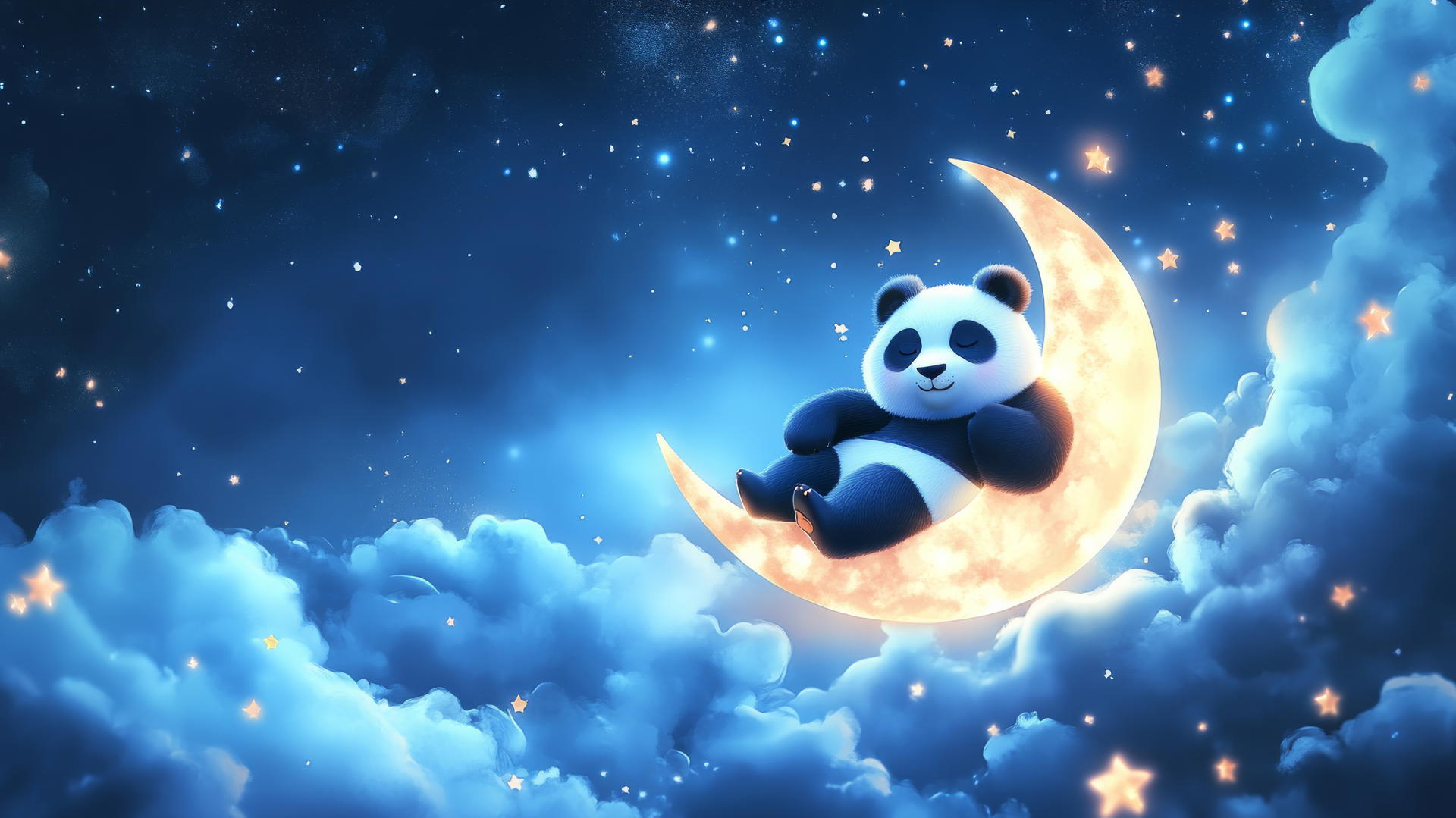 cute panda wallpaper 4k, sleepy panda on crescent moon with glowing stars and pastel clouds