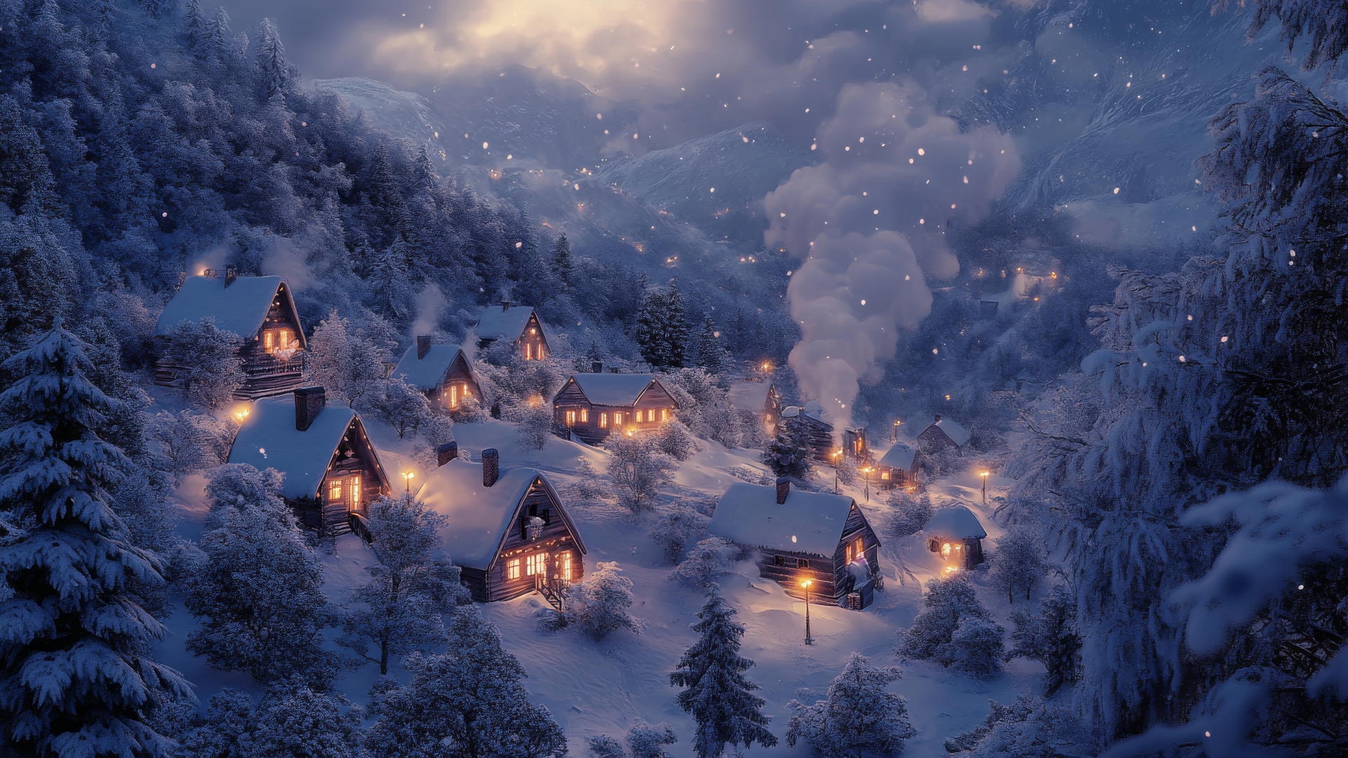 Winter wallpaper of a cozy village with glowing lights and snowy valley