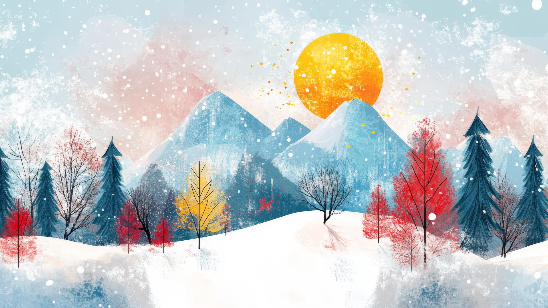 winter wallpaper with abstract shapes of snow, trees, and mountains
