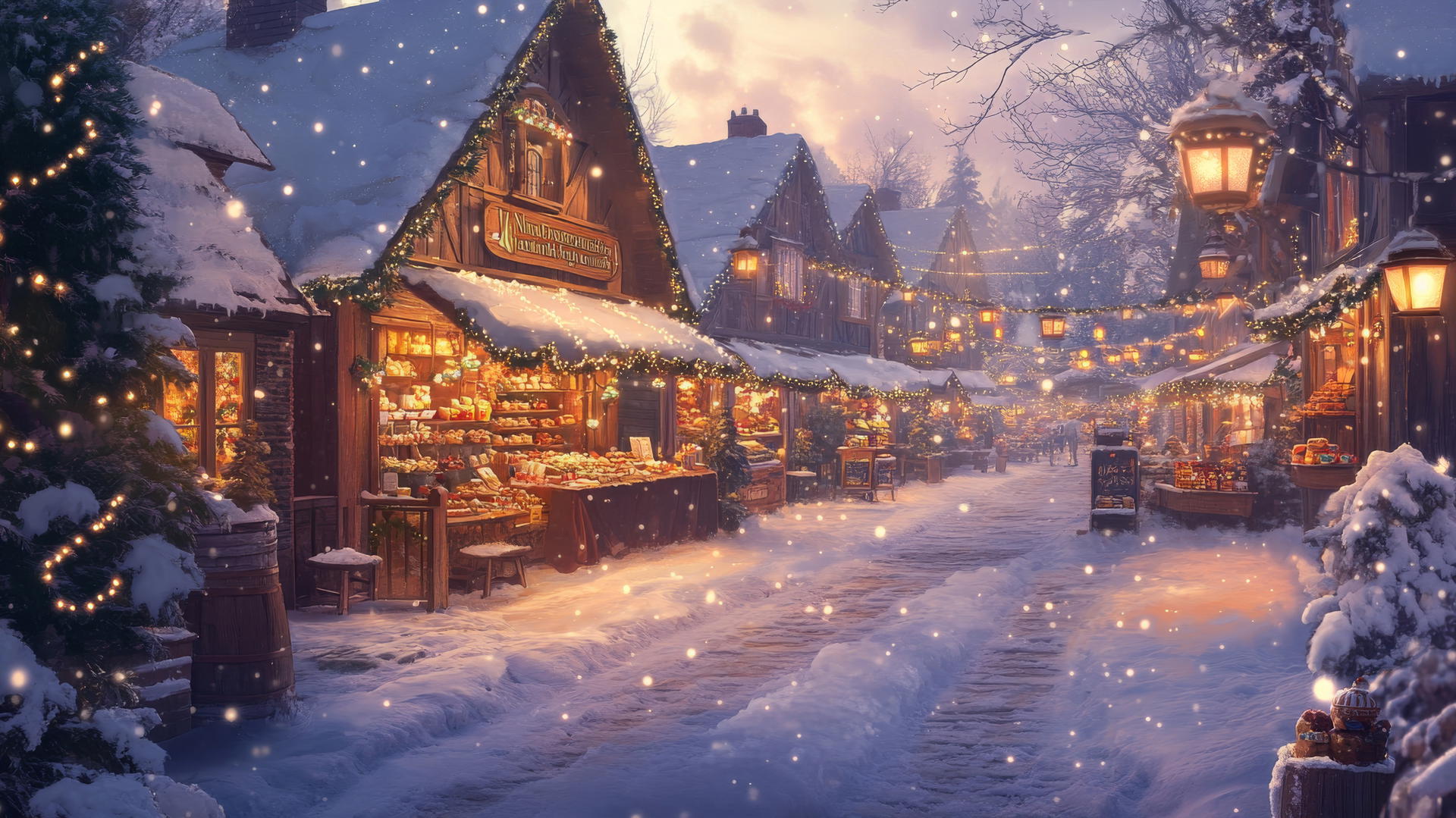 winter background wallpaper of a snow-covered village market with glowing lanterns
