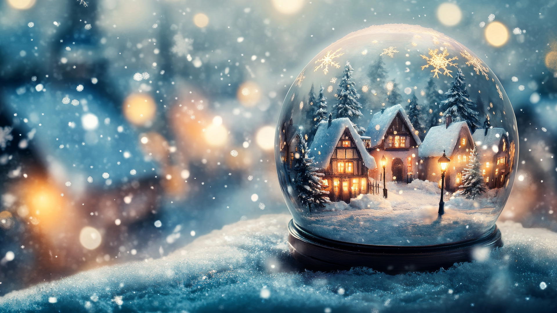 Whimsical snow globe scene with a tiny winter village, winter background wallpaper