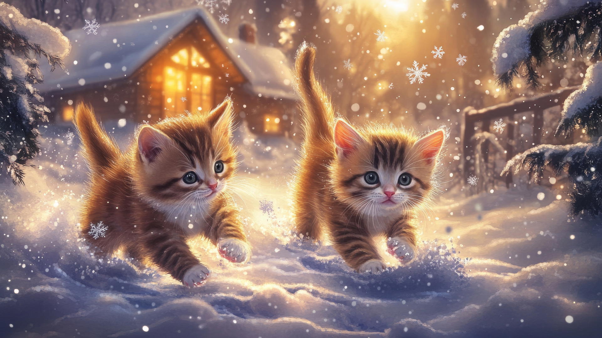 cute winter wallpaper with kittens playing in the snow near a cozy cabin