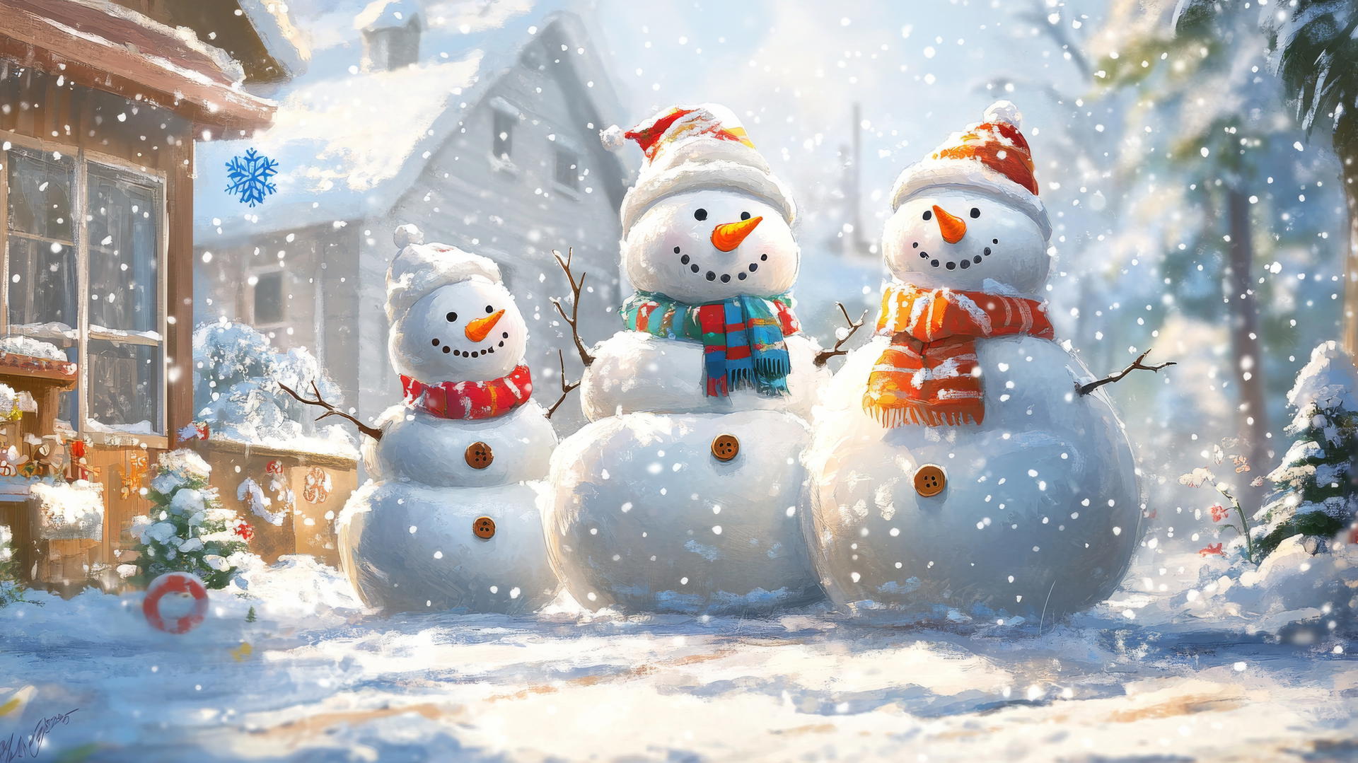 cute winter wallpaper with smiling snowman family, colorful scarves, falling snowflakes