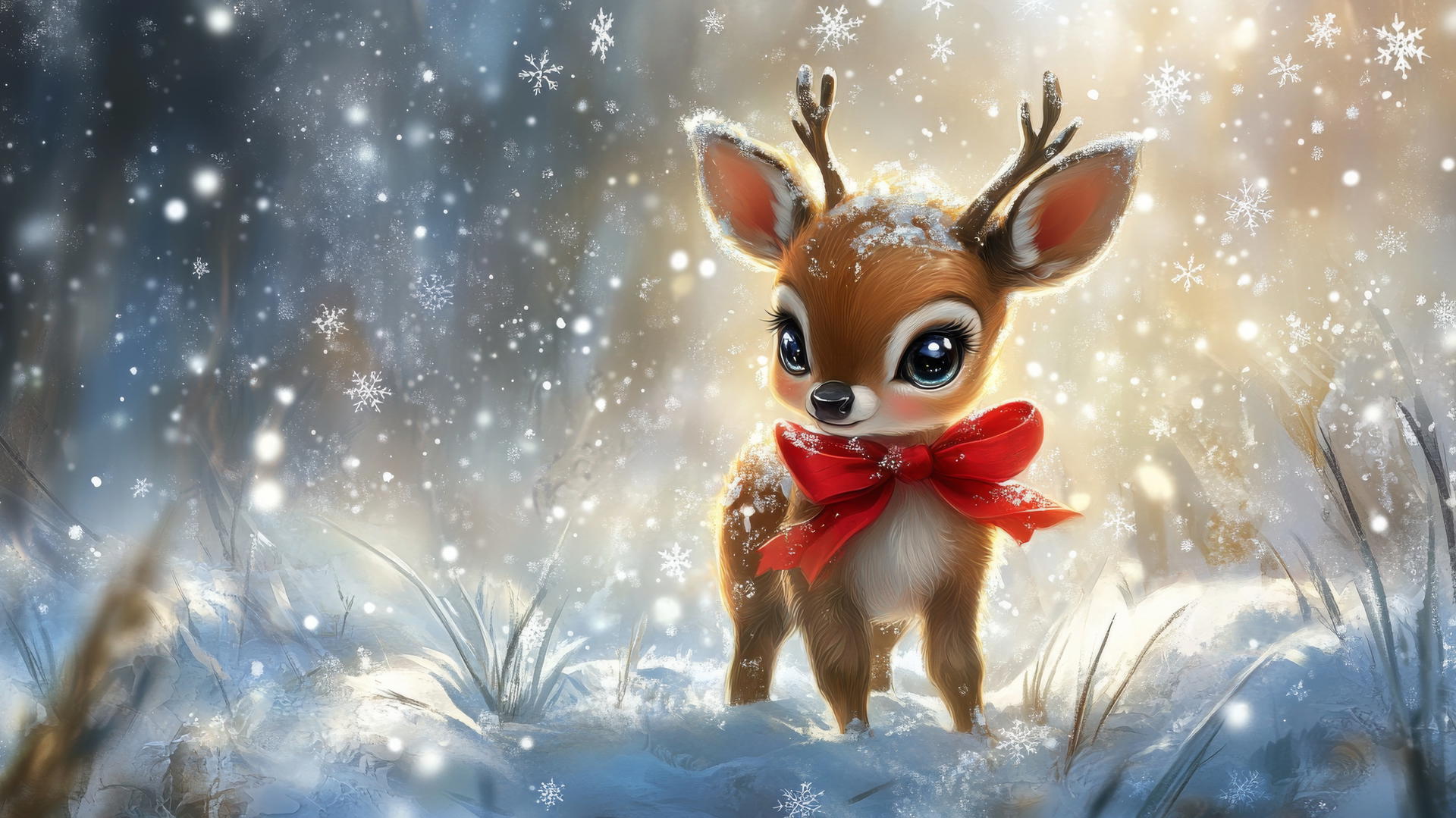 Cute winter wallpaper with a baby reindeer in a snowy field with a red bow