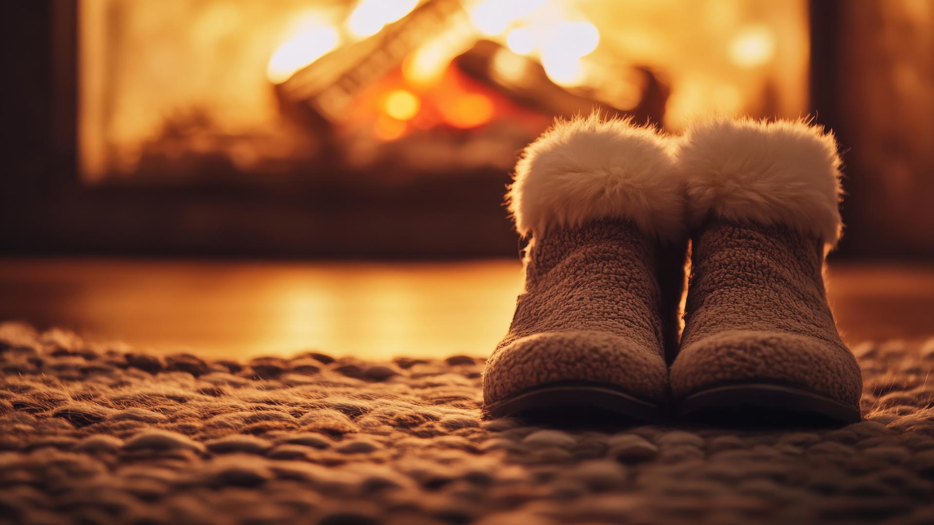 cozy winter iPhone wallpaper with fur-lined boots by a fireplace