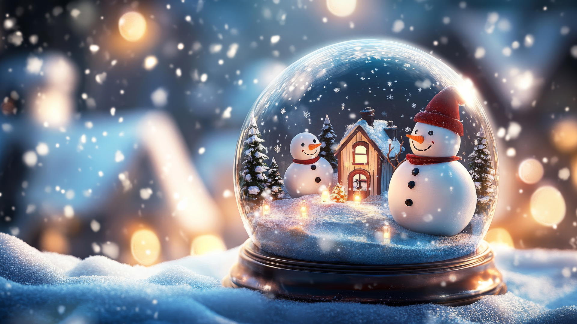 cute winter wallpaper featuring a kawaii snow globe with a tiny village, smiling snowmen, and twinkling lights
