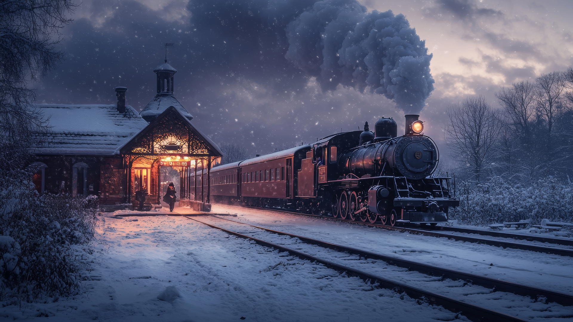 winter background wallpaper with quiet snow-covered train station at dusk and vintage steam train