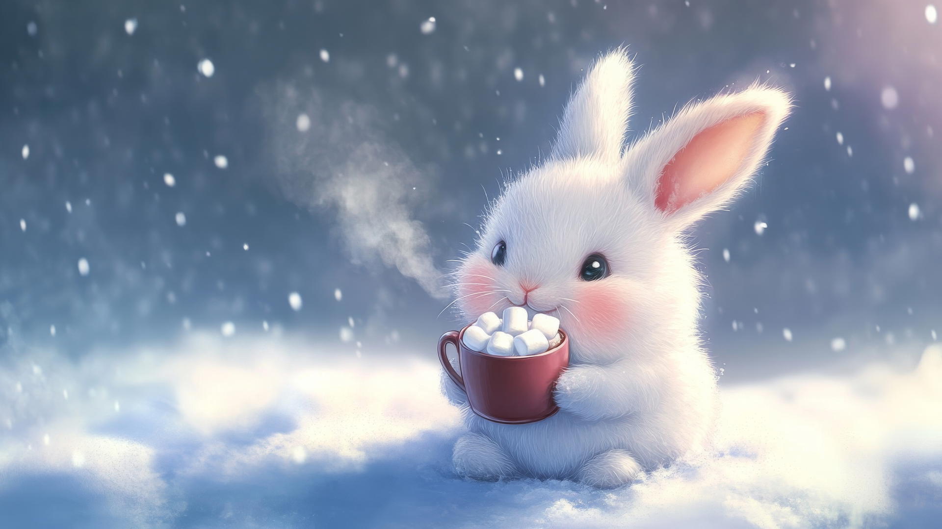 cute bunny wallpaper with a chubby bunny holding a tiny mug of hot cocoa in the snow
