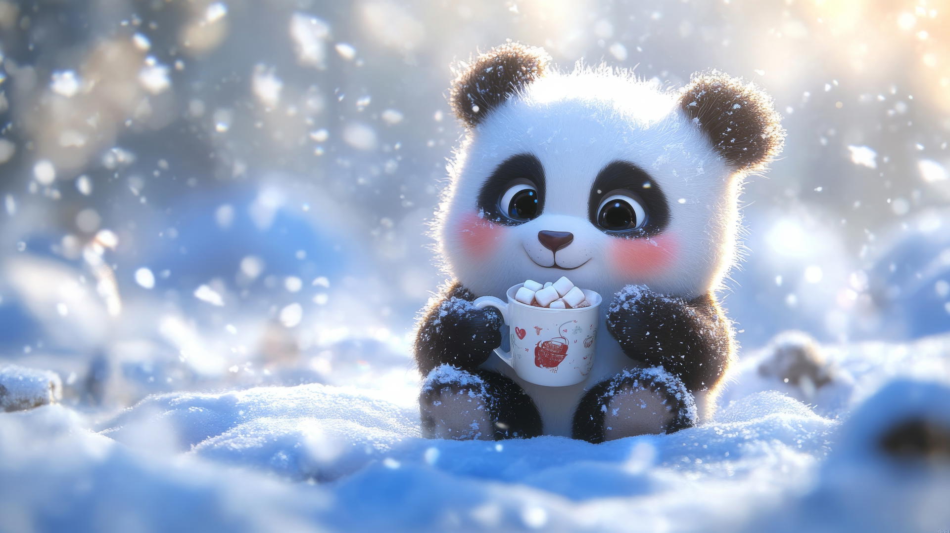 cute panda wallpaper with a chubby panda holding hot cocoa in the snow