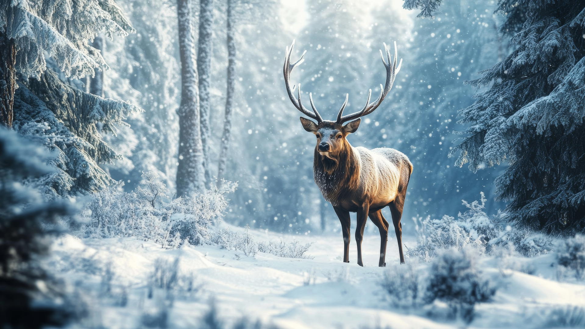 Majestic stag in snowy forest with frosted antlers, beautiful winter wallpaper