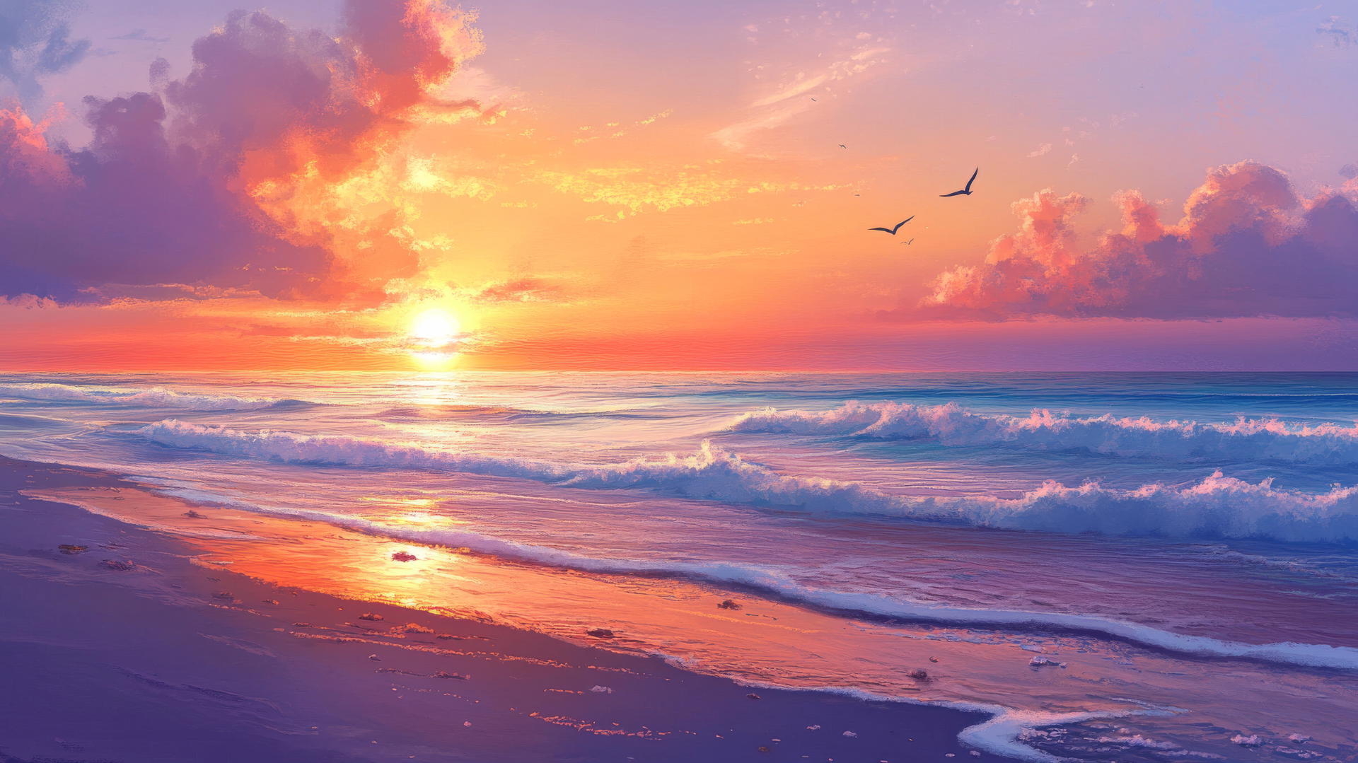 Beach sunset wallpaper with long shadows, flying seagulls, and gentle waves.