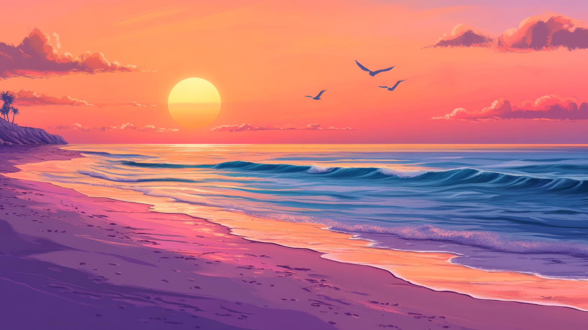 Beach sunset wallpaper with sun casting long shadows, seagulls, and sparkling waves.