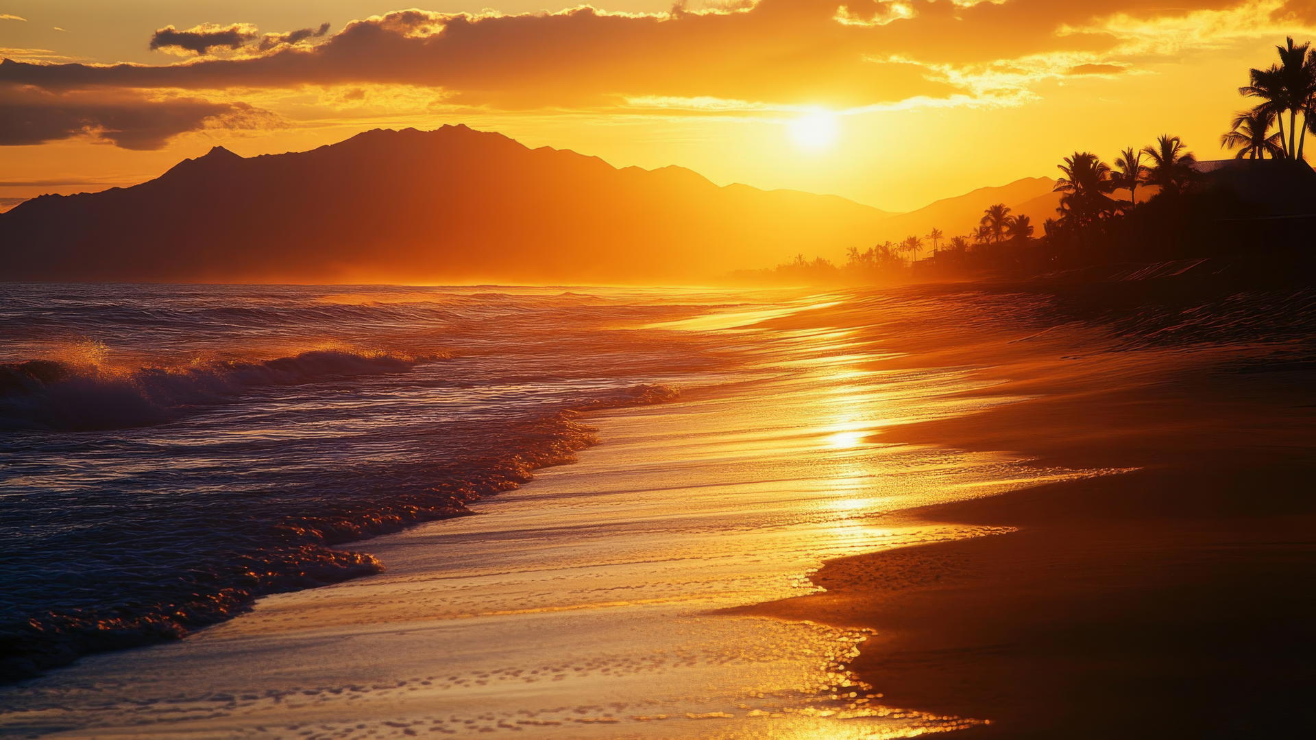 glowing beach sunset with soft golden light, beach wallpaper aesthetic